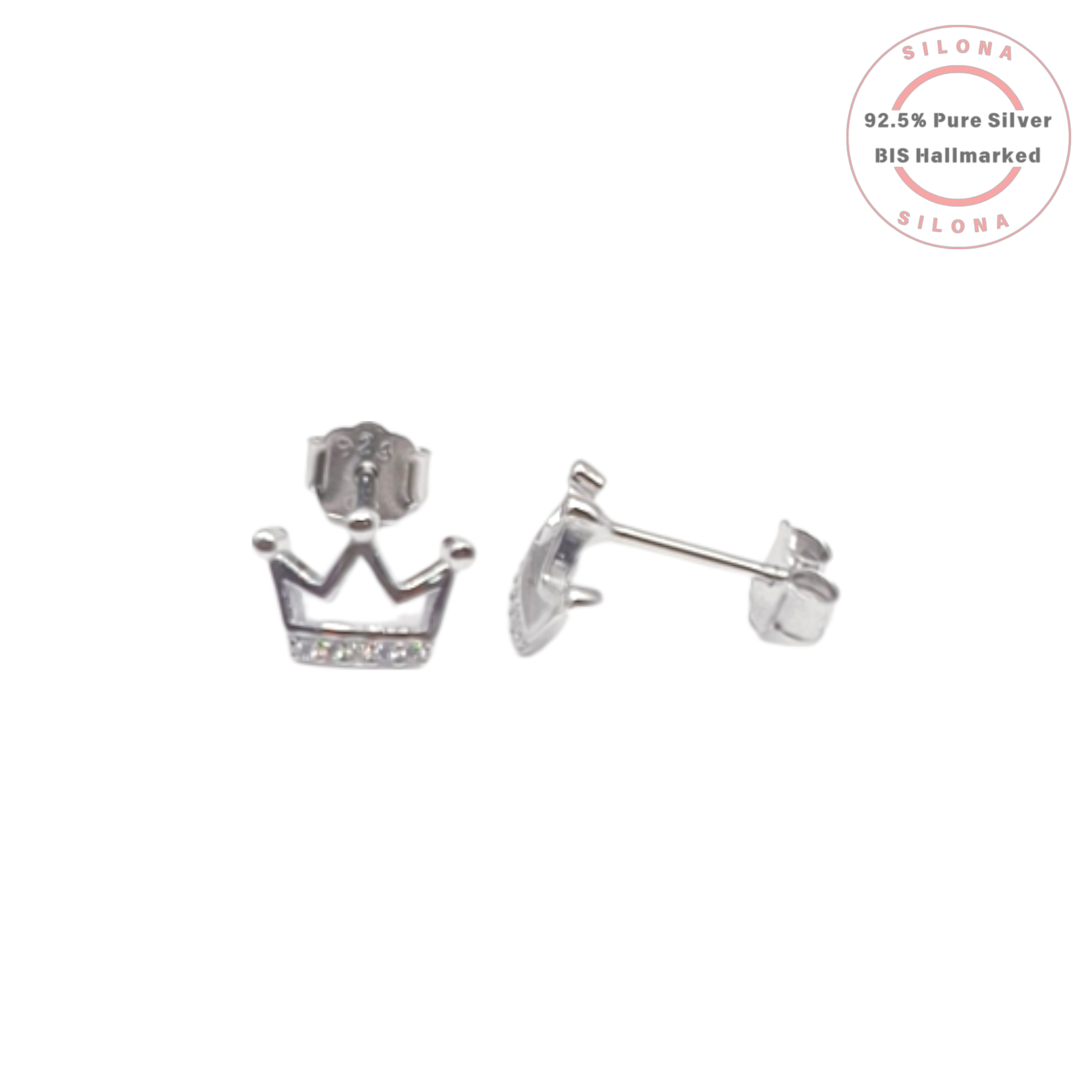 A pair of Silona's sterling silver stud earrings shaped like miniature crowns, with a row of clear cubic zirconia at the base, on a white background.