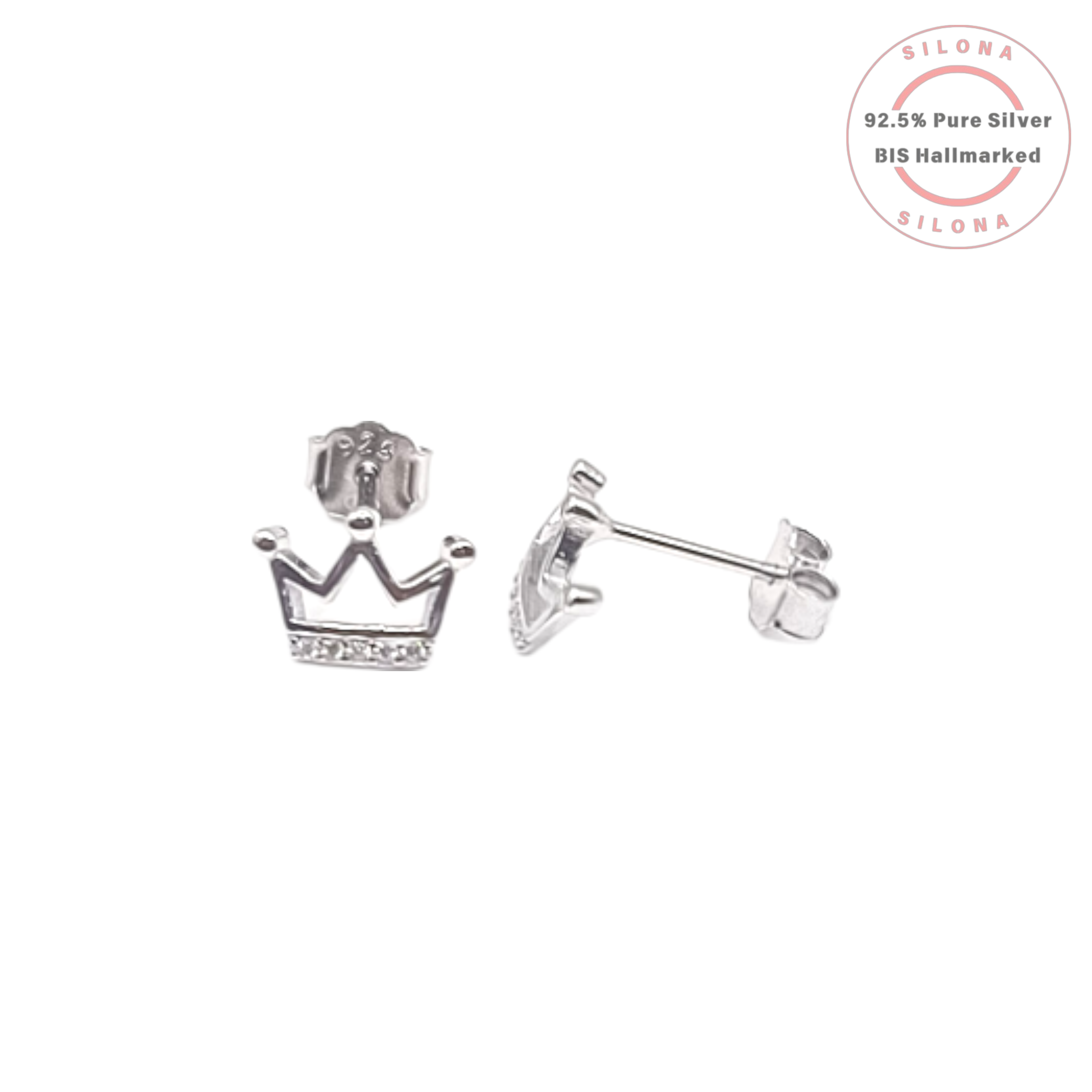A pair of Silona's sterling silver stud earrings shaped like miniature crowns, with a row of clear cubic zirconia at the base, on a white background.