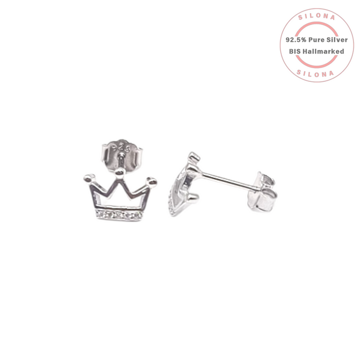 A pair of Silona's sterling silver stud earrings shaped like miniature crowns, with a row of clear cubic zirconia at the base, on a white background.