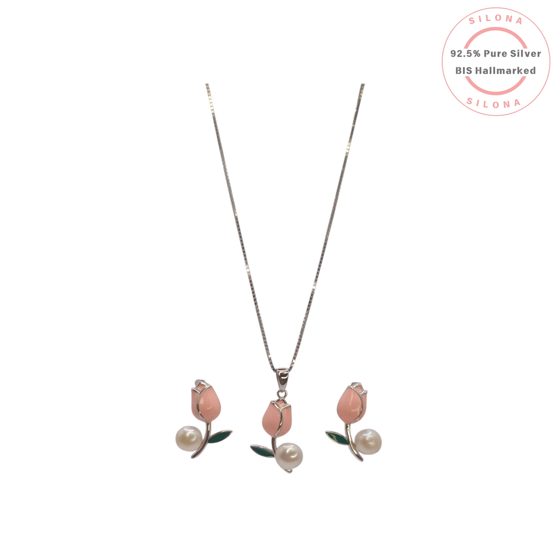 Silona Pink Tulip and Pearl Necklace and Earring Set in 92.5 sterling silver, displayed on a white background.