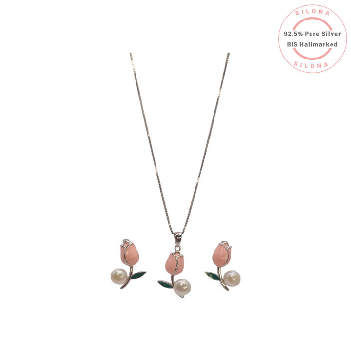 Silona Pink Tulip and Pearl Necklace and Earring Set in 92.5 sterling silver, displayed on a white background.