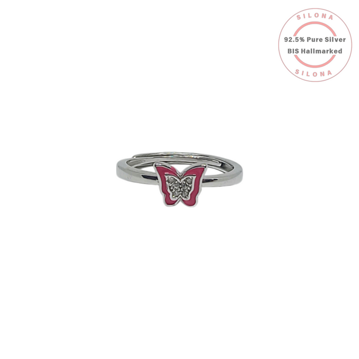 Silona's Enamel Butterfly Adjustable Ring in 92.5 silver, featuring hot pink enamel and a pavé cubic zirconia body, on a white background.