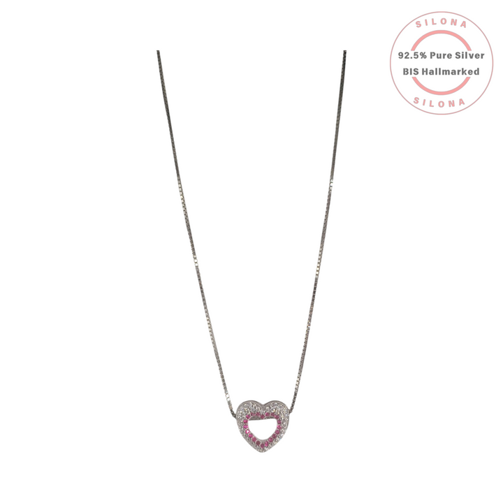 Silona's Ruby-Hued Heart Necklace featuring a pave zircon heart pendant on a sterling silver box chain, against a white background.
