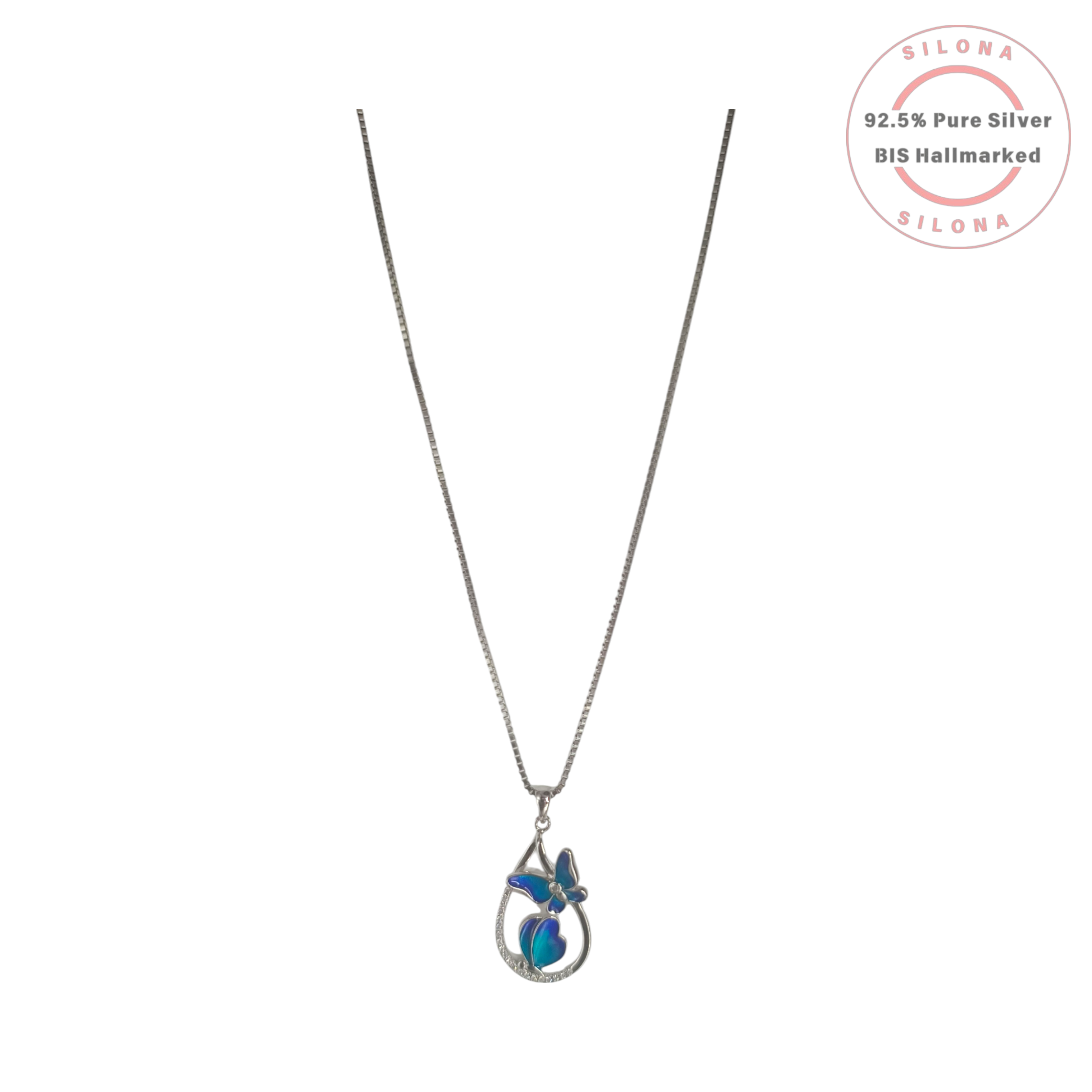 Silona Azure Butterfly and Heart Teardrop Pendant Necklace in 92.5 sterling silver on a box chain.