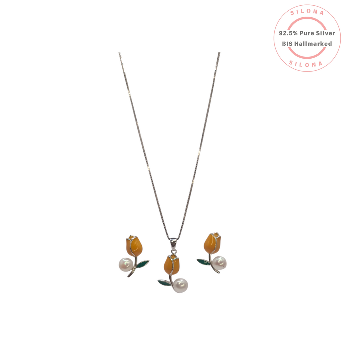 Silona Tulip Pearl Necklace and Earring Set in 92.5 silver, featuring marigold-yellow enamel tulips with pearl accents, on a white background.