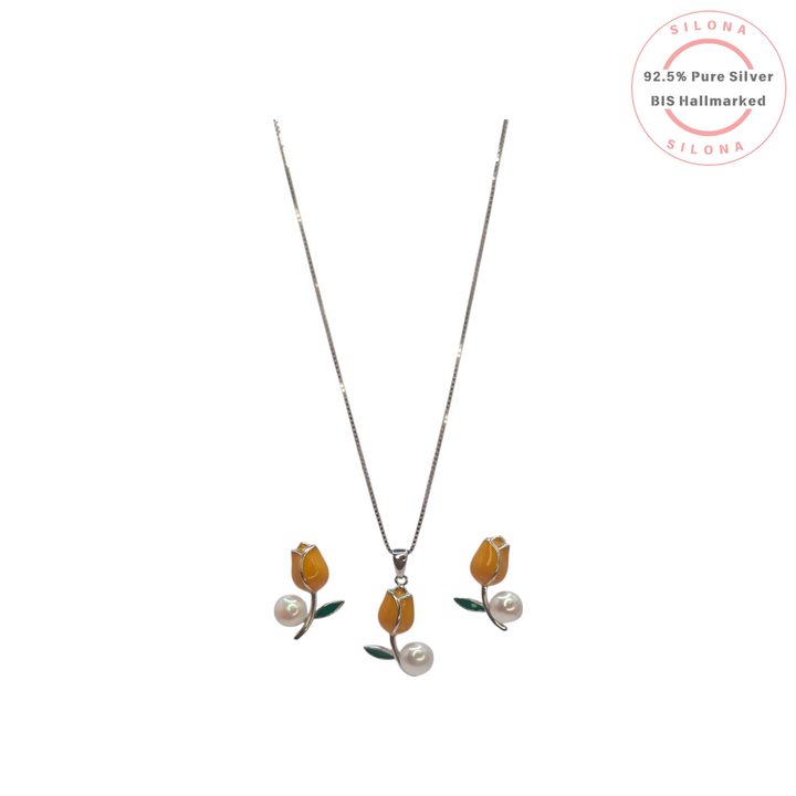 Silona Tulip Pearl Necklace and Earring Set in 92.5 silver, featuring marigold-yellow enamel tulips with pearl accents, on a white background.