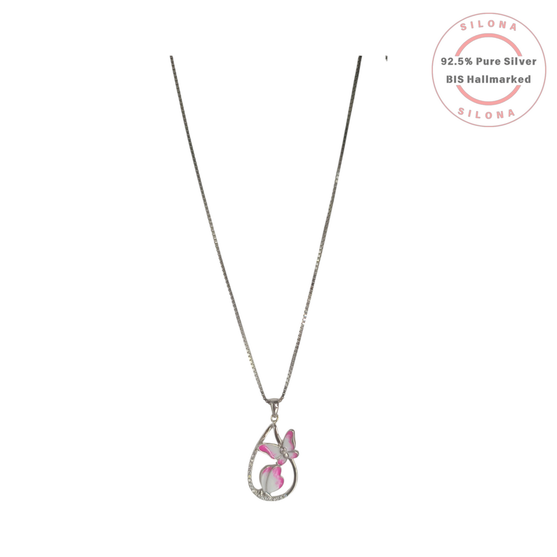 Silona's Enamel Butterfly Teardrop Necklace in 92.5 silver, featuring a pink and white butterfly motif inside a teardrop pendant accented with cubic zirconia, on a silver box chain.