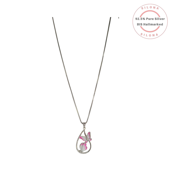 Silona's Enamel Butterfly Teardrop Necklace in 92.5 silver, featuring a pink and white butterfly motif inside a teardrop pendant accented with cubic zirconia, on a silver box chain.