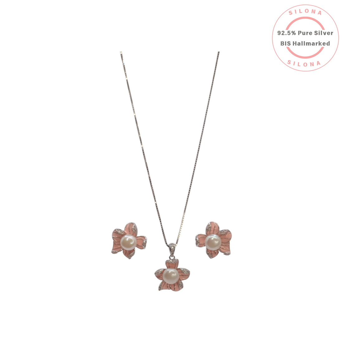 Silona Petal Pink Pearl Flower Necklace and Earring Set in 92.5 Silver on a white background.