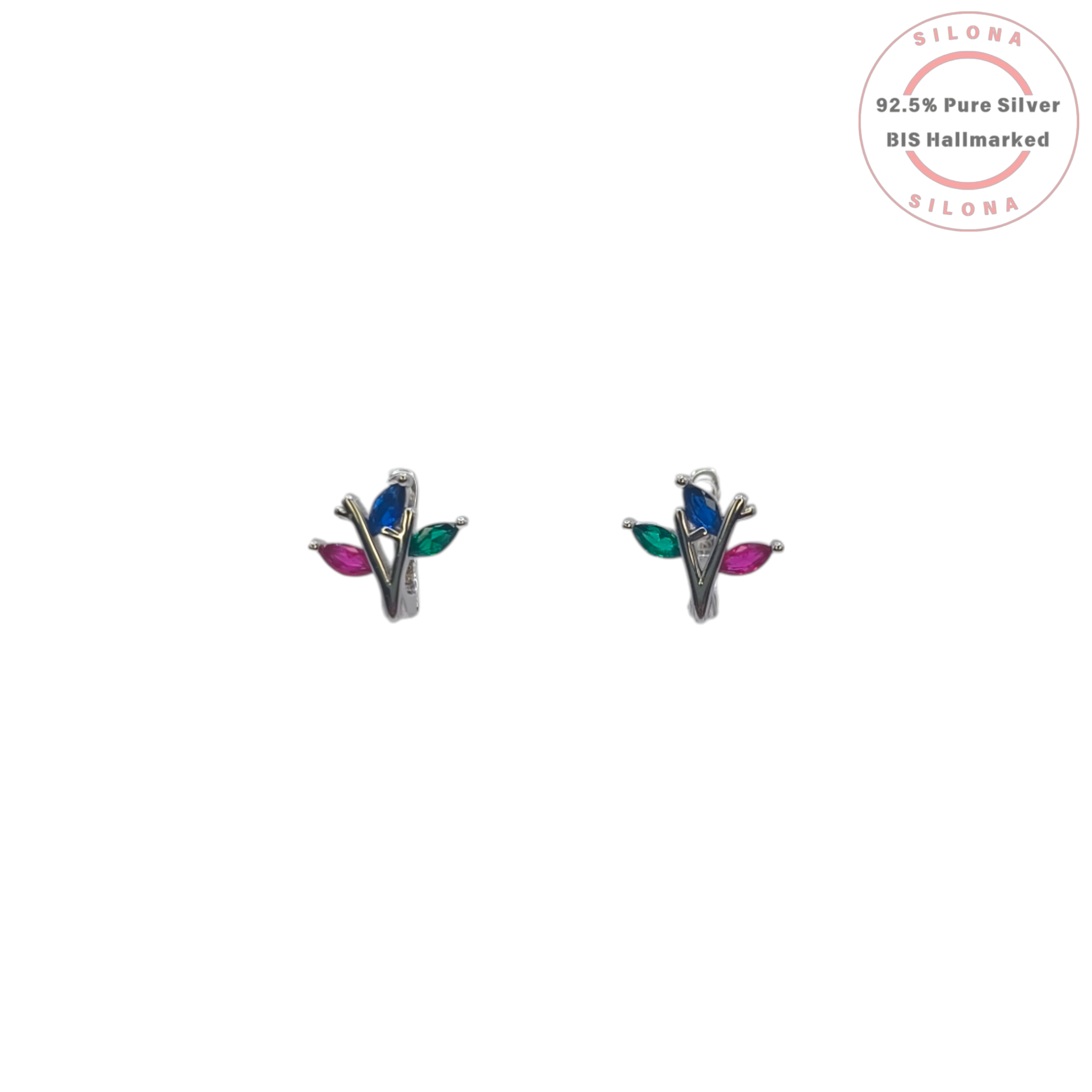 A pair of Silona silver stud earrings in a leaf cluster design with marquise-cut cubic zirconia in blue, green, and pink.