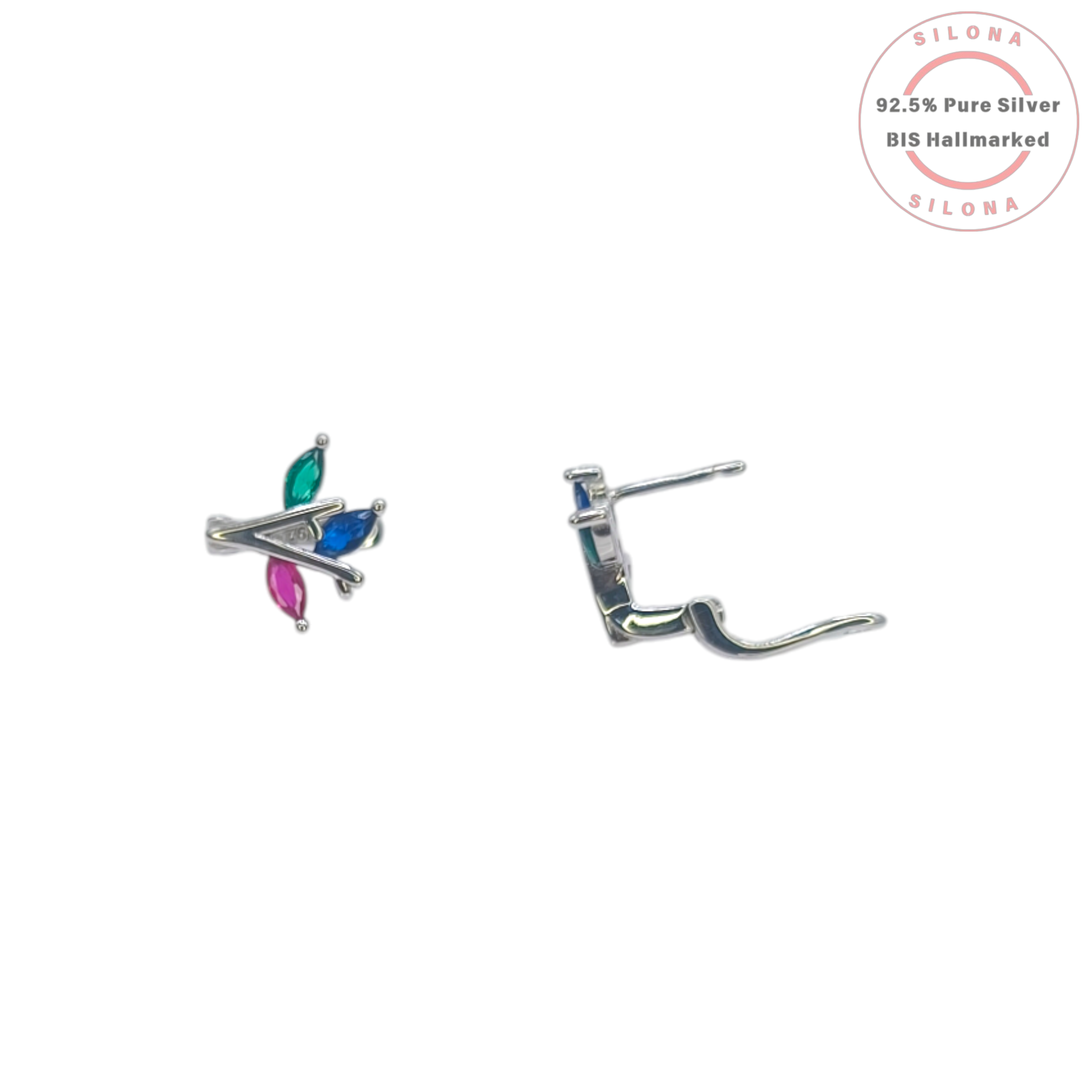 A pair of Silona silver stud earrings in a leaf cluster design with marquise-cut cubic zirconia in blue, green, and pink.