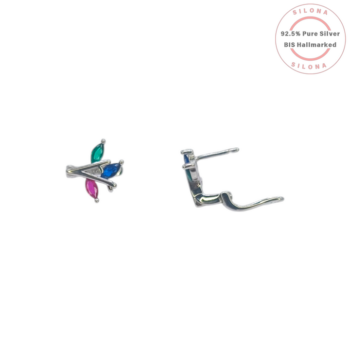 A pair of Silona silver stud earrings in a leaf cluster design with marquise-cut cubic zirconia in blue, green, and pink.