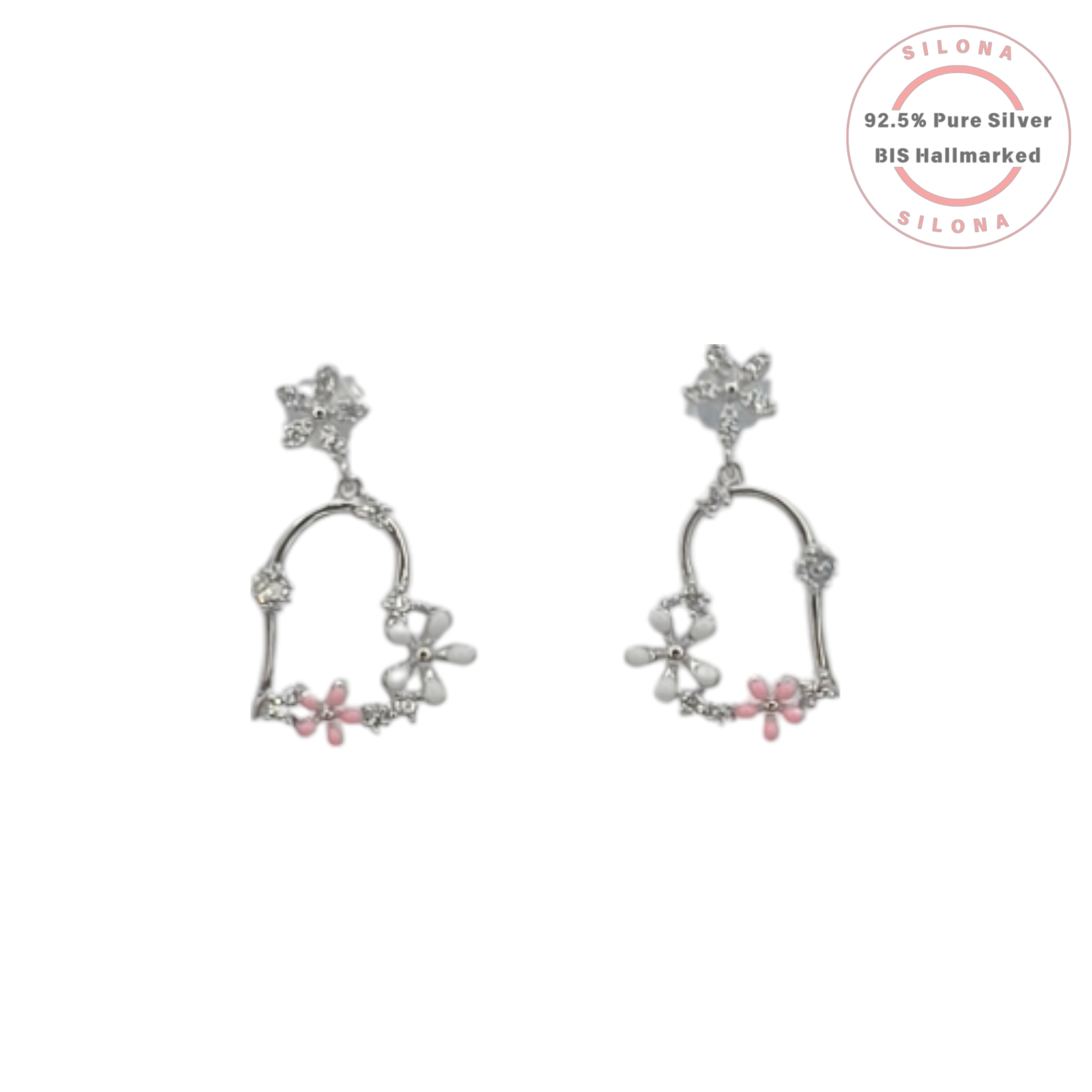 A pair of Silona's Floral Swing Drop Earrings in 92.5 silver, featuring pink and white enamel flowers on a sparkling arch.