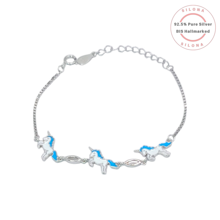 92.5 Silver BIS Hallmarked Unicorn Kids Bracelet with Blue Enamel - Silona