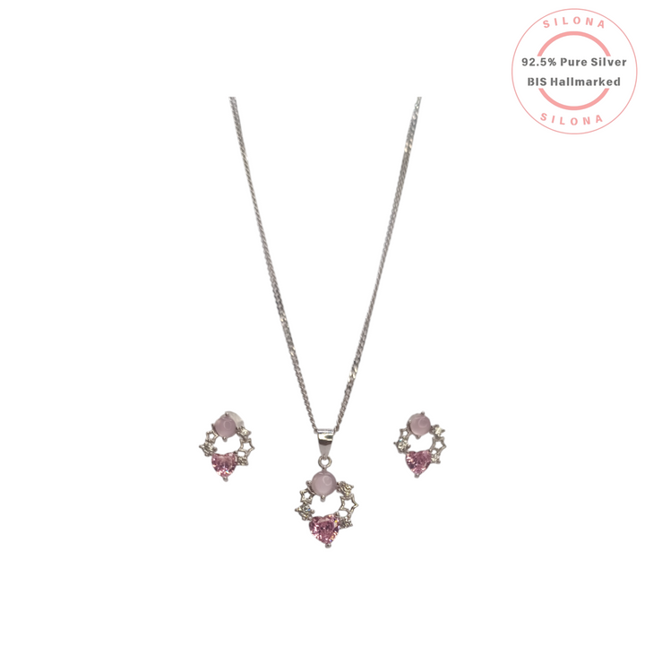 Silona Celestial Heart Necklace and Earring Set in 92.5 silver, featuring pink heart-shaped and round cabochon stones with star details.
