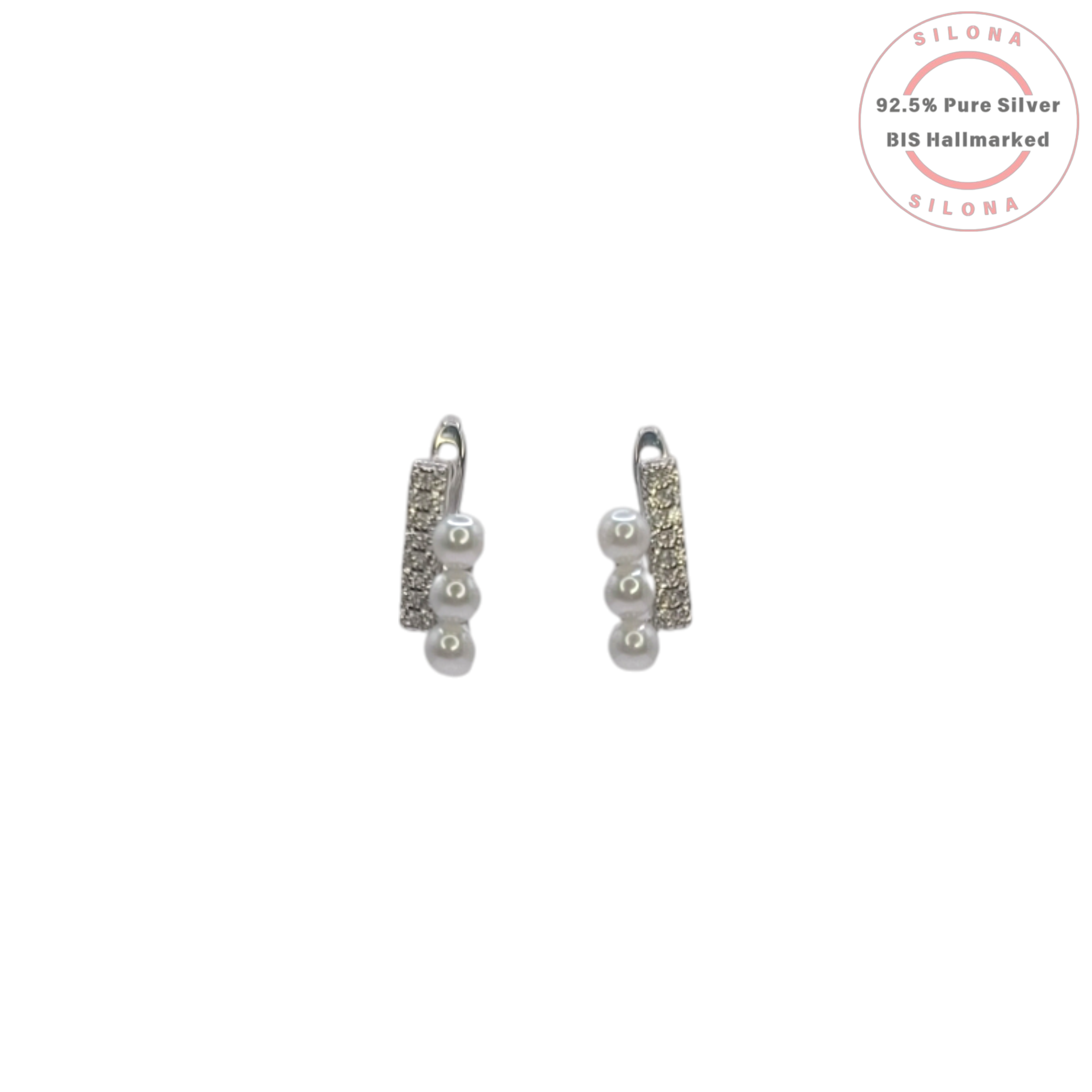 A pair of Modern Pearl Trio Huggie Earrings in 92.5 silver, featuring a pavé cubic zirconia bar and a cascade of three white pearls, on a white background.