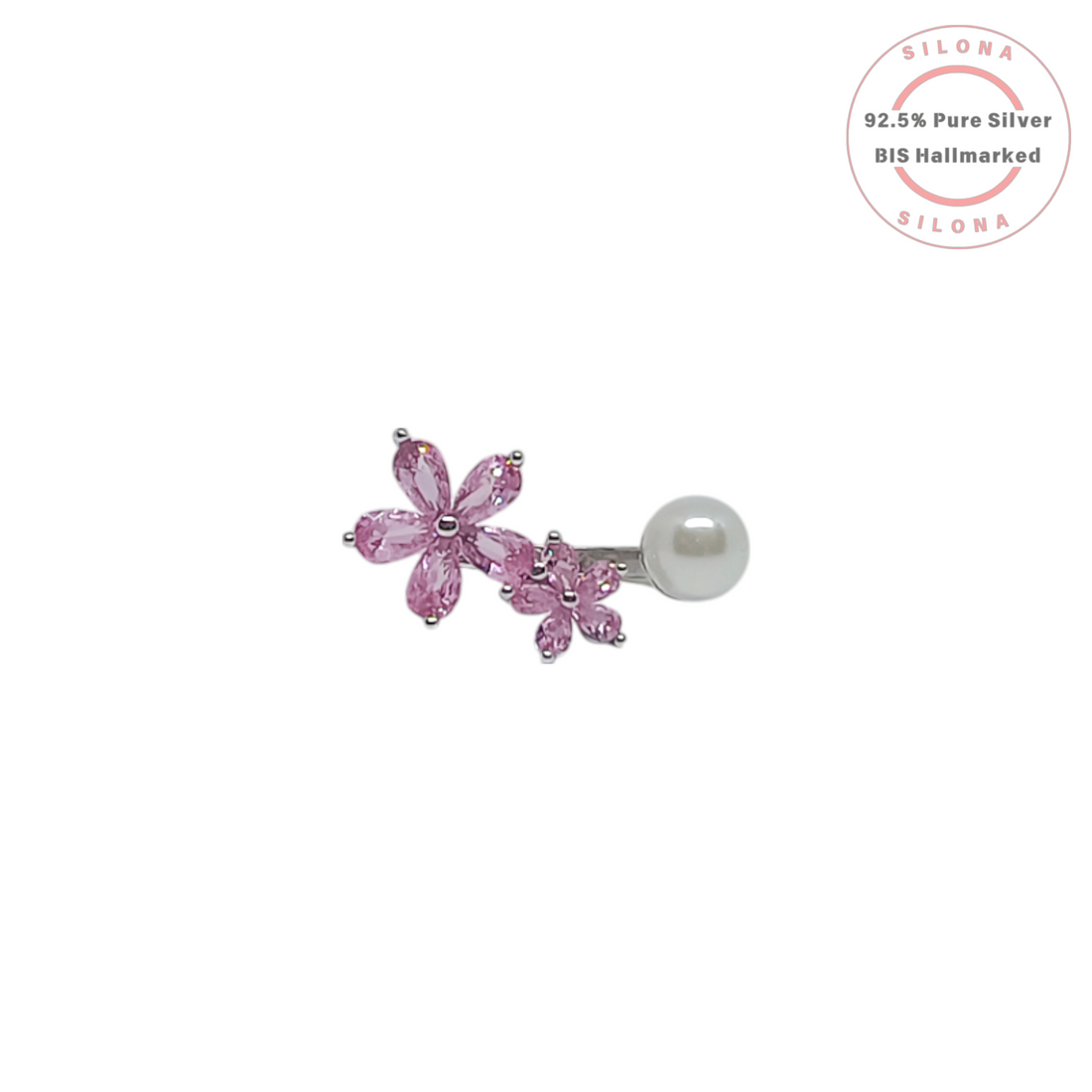 Silona's Sakura Blossom & Pearl Wrap Ring in 92.5 silver, featuring two pink cubic zirconia flowers opposite a single white pearl on an open band.