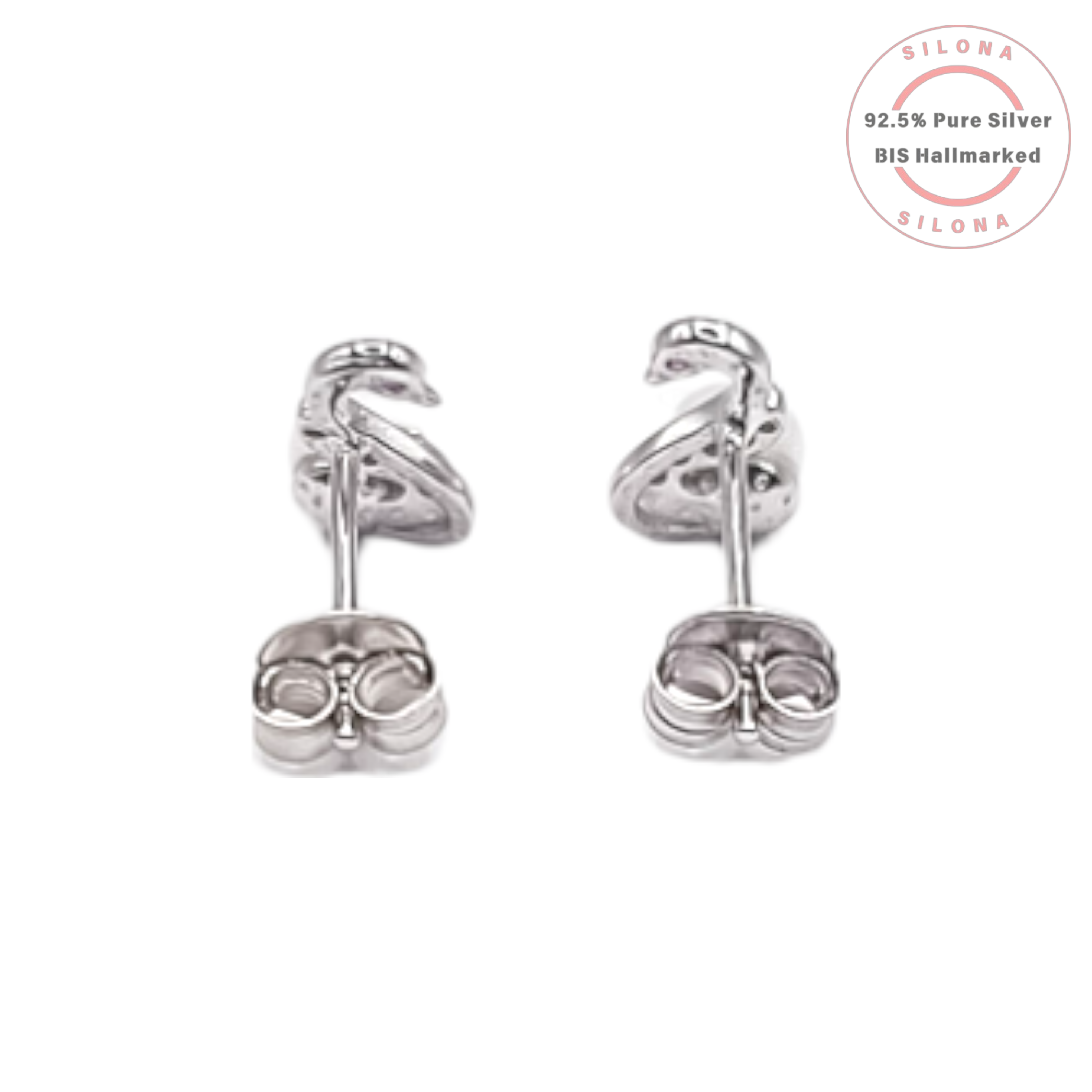 A pair of elegant swan-shaped stud earrings in 92.5 silver, featuring a white pearl and paved cubic zirconia.