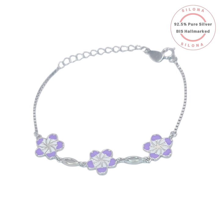 92.5 Pure Silver Lavender Blossom Kids Bracelet with Enamel, BIS Hallmarked | Silona