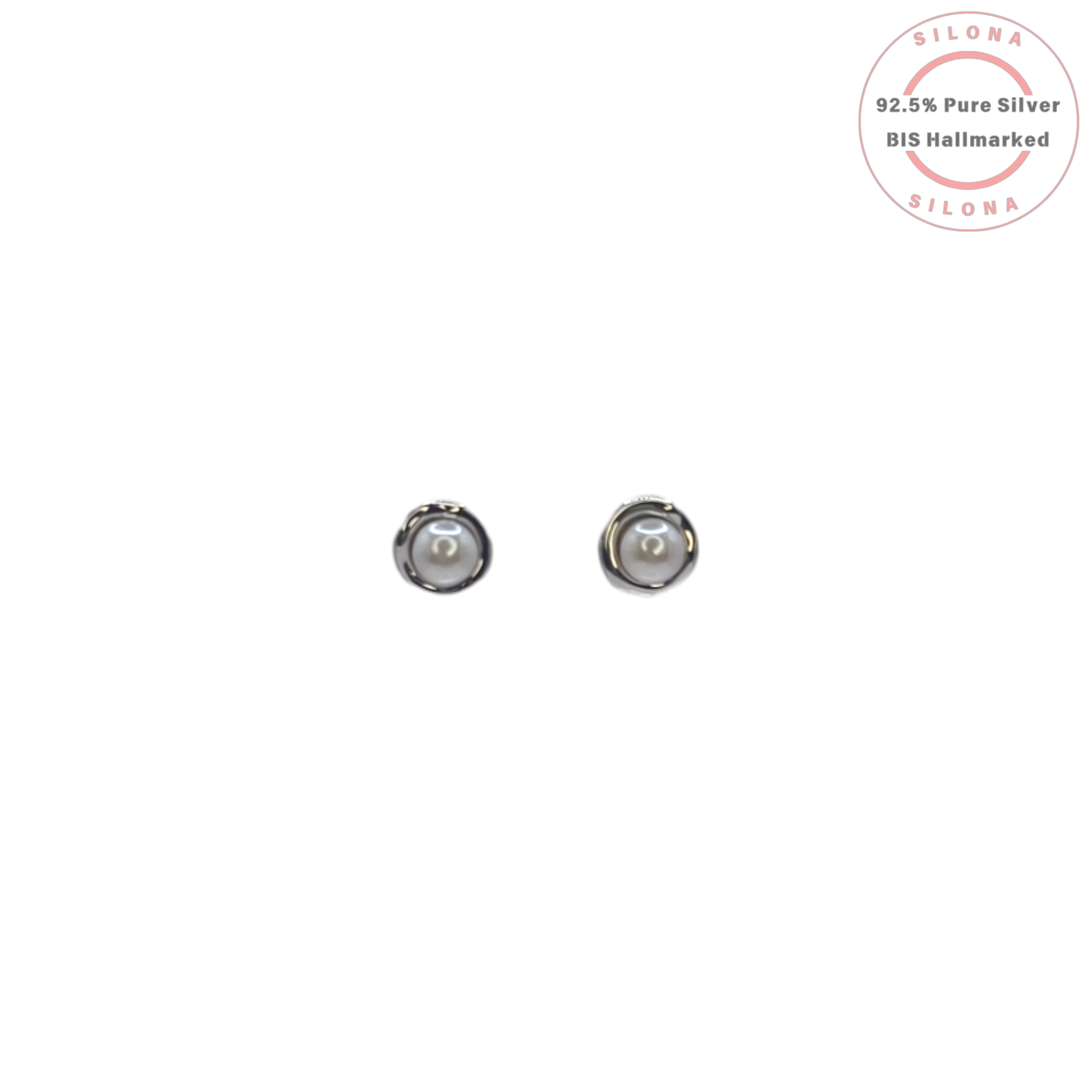 A pair of classic pearl stud earrings featuring lustrous white pearls set in polished 92.5 silver on a white background.