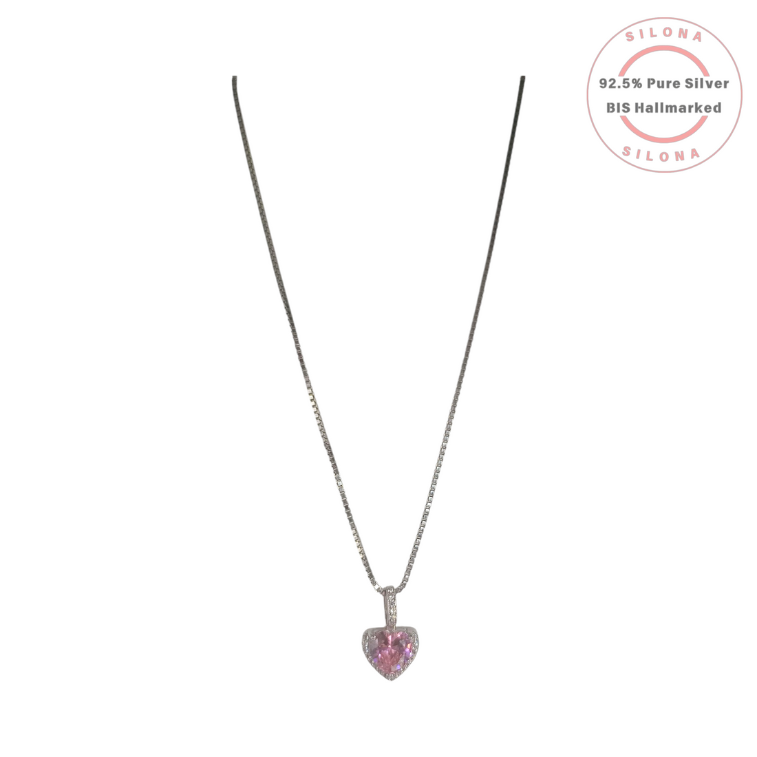 Silona Halo Pink Heart Pendant Necklace in 92.5 sterling silver, featuring a rose-pink heart-shaped stone surrounded by a halo of clear cubic zirconia on a box chain.