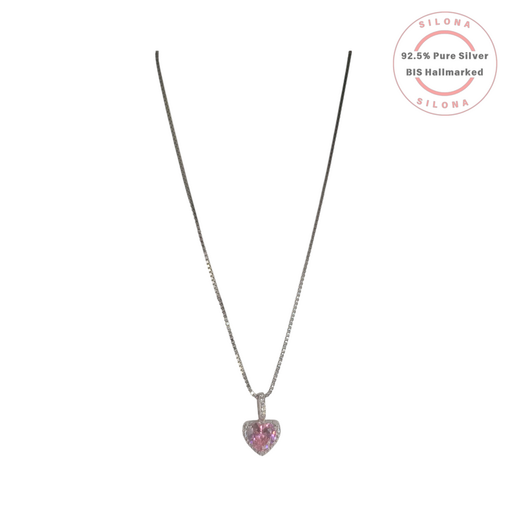 Silona Halo Pink Heart Pendant Necklace in 92.5 sterling silver, featuring a rose-pink heart-shaped stone surrounded by a halo of clear cubic zirconia on a box chain.