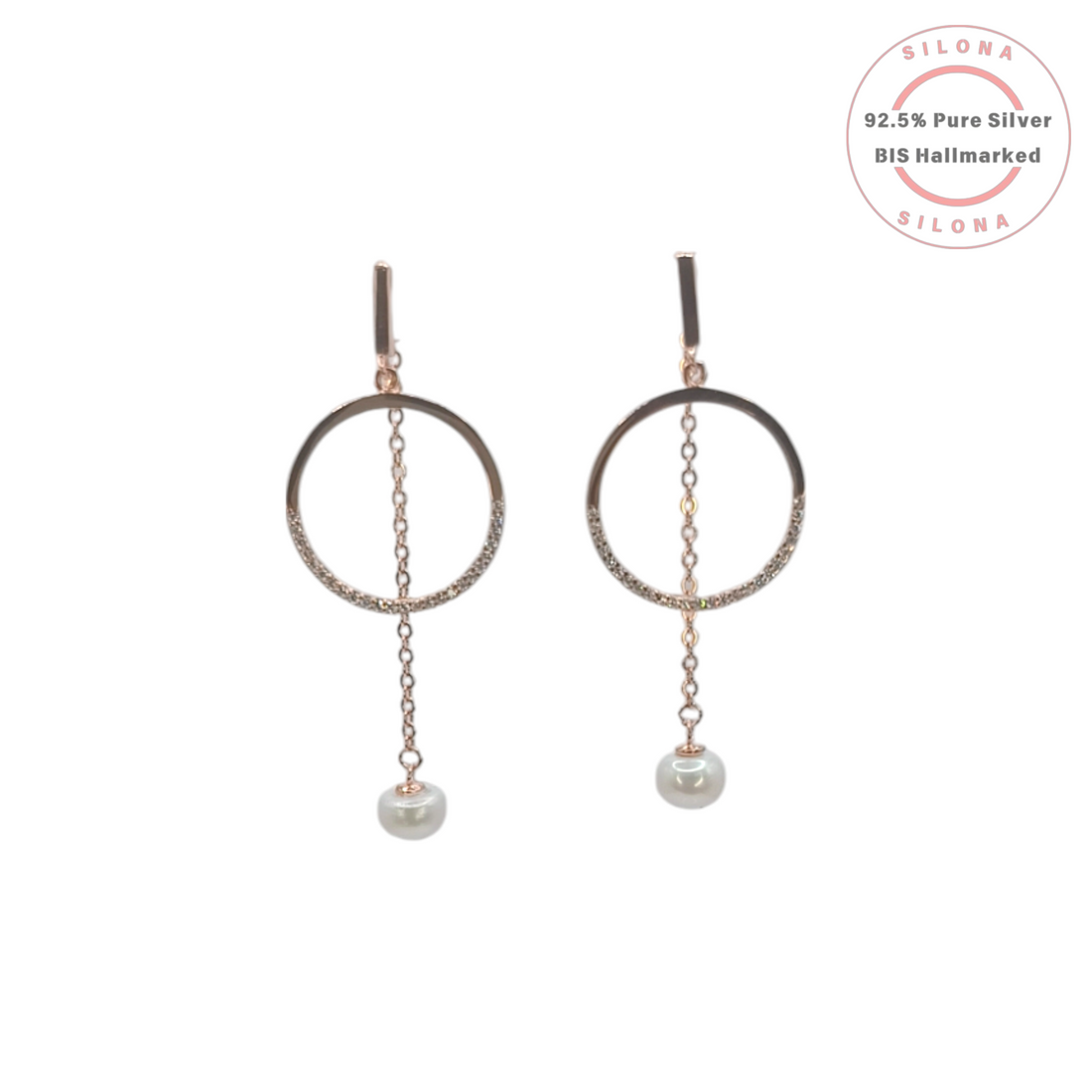 A pair of modern rose gold pearl drop hoop earrings on a white background. Each earring features a hoop with cubic zirconia and a dangling pearl.