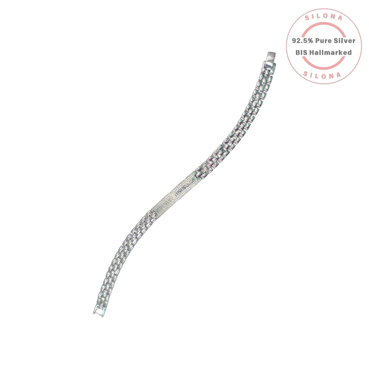 Silona Greek Key Pave Link Bracelet in 92.5 pure silver with a panther link chain on a white background.