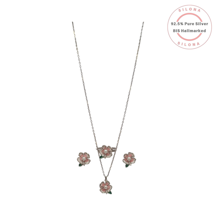 Silona Sakura Blossom Necklace and Earring Set featuring pink and white enamel flowers with pearl centers, crafted in 92.5 silver on a white background.