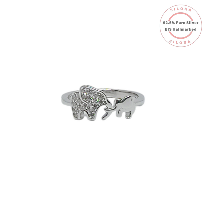 Silona Sparkling Elephant Family Ring in 92.5 pure silver, featuring a pave cubic zirconia mother elephant and a polished silver baby elephant on a white background.