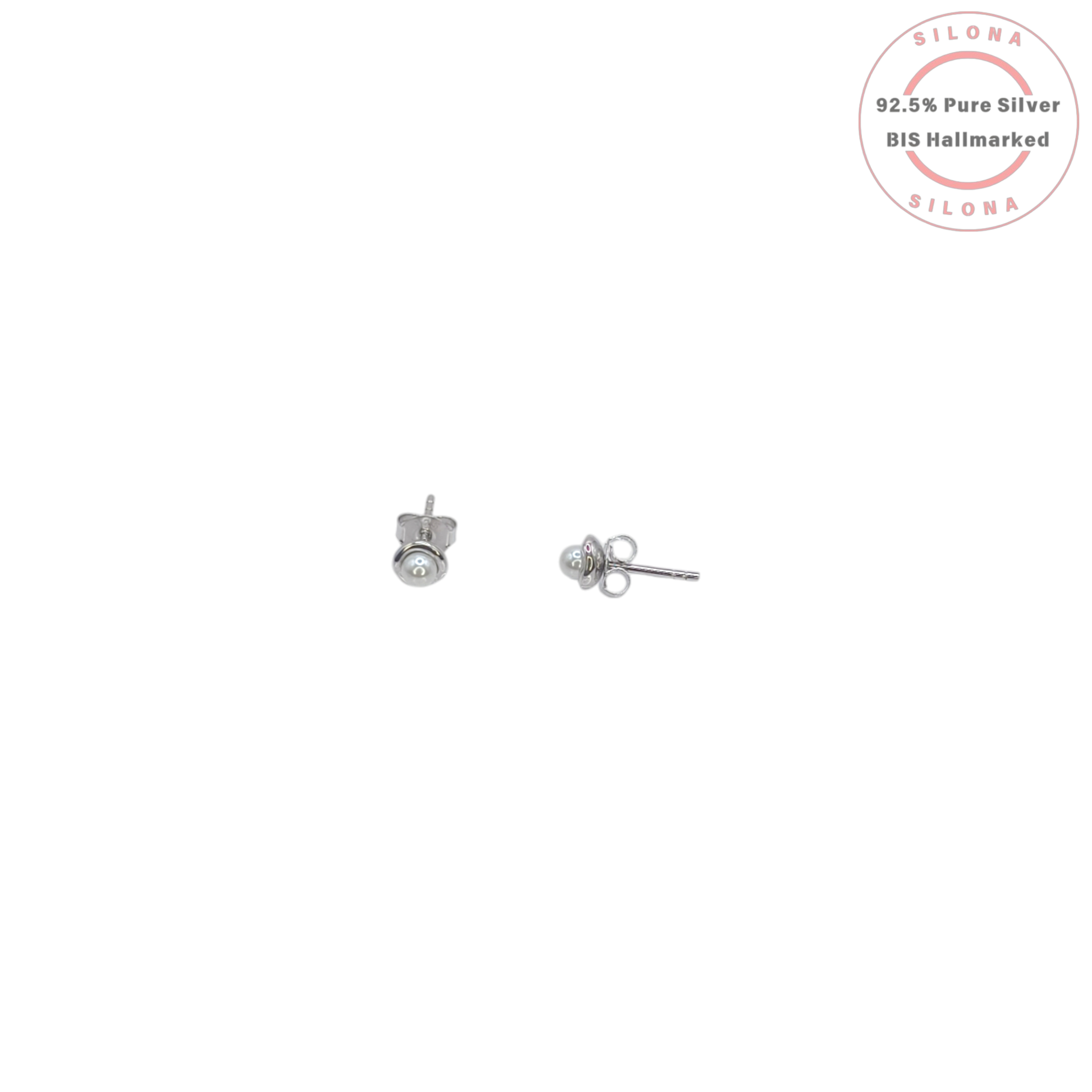 A pair of classic pearl stud earrings featuring lustrous white pearls set in polished 92.5 silver on a white background.