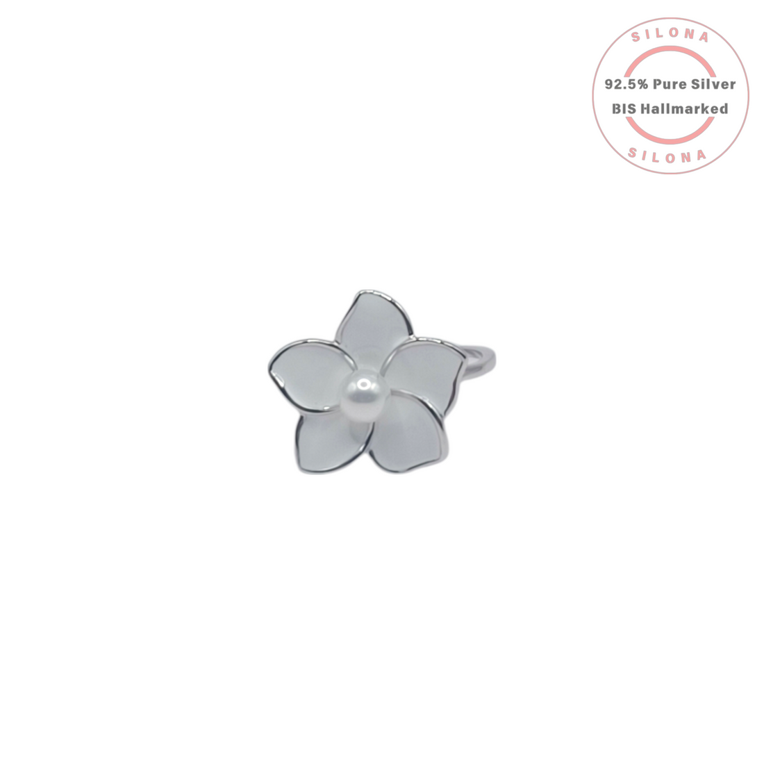 Silona's Enamel Bloom Floral Ring in pure 92.5 silver, featuring white enamel petals and a central pearl, on a white background.
