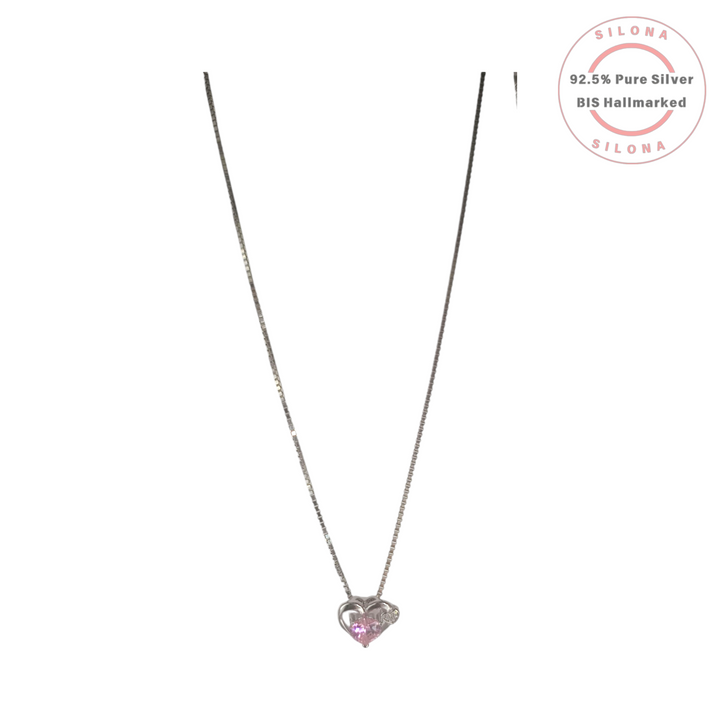 Silona Enchanted Pink Heart Necklace featuring a pink heart-shaped cubic zirconia in a 92.5 silver pendant on a box chain.