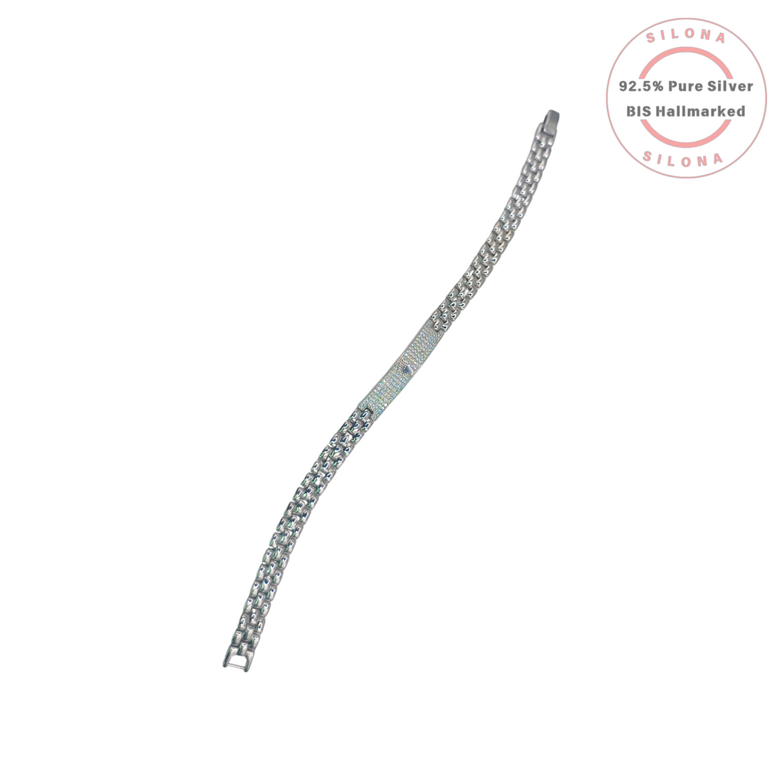 Sleek double-row silver link bracelet with a central rectangular bar fully encrusted with pavé-set cubic zirconia, on a white background.