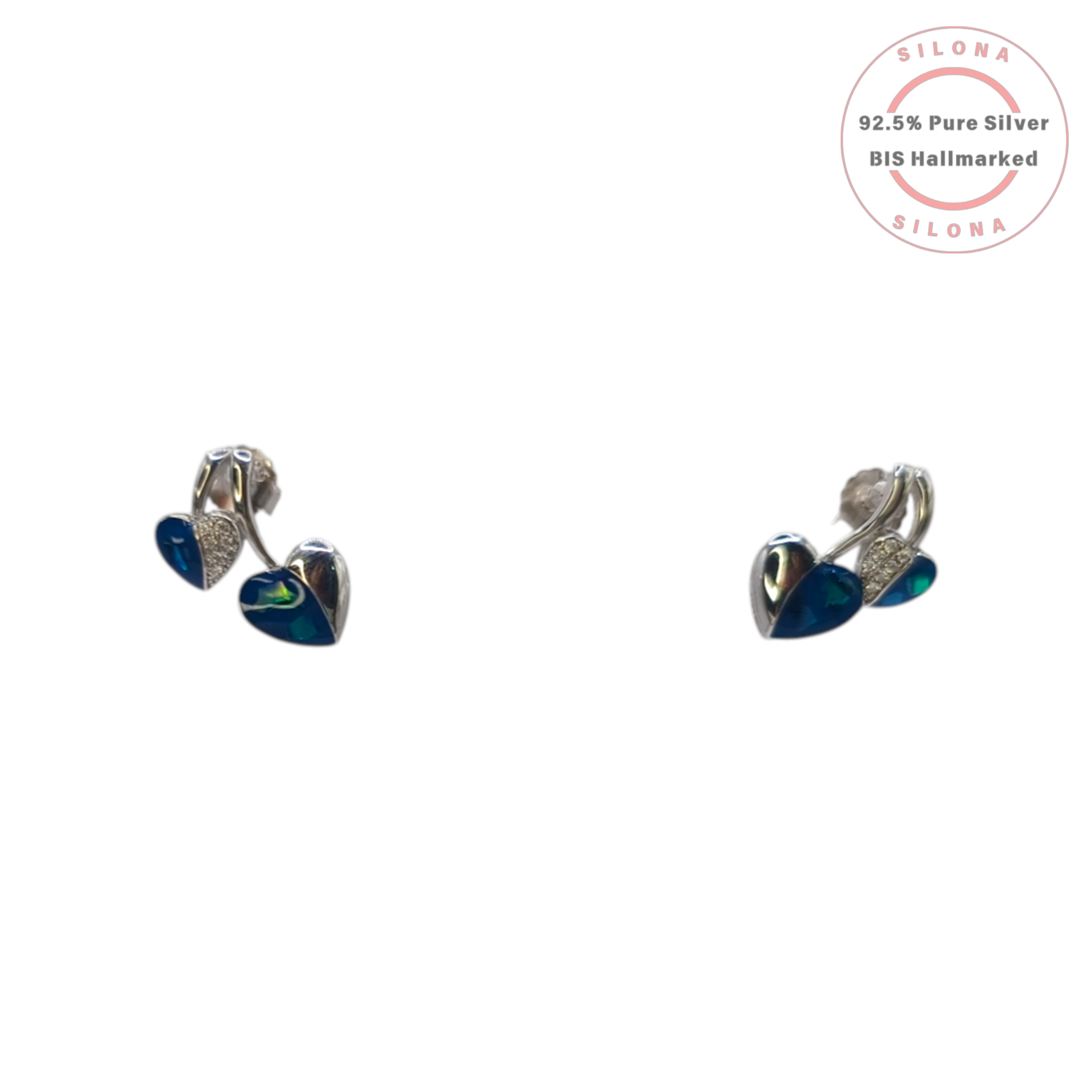 Silona's Modern Twin Heart Stud Earrings in 92.5 silver, featuring one half with blue enamel and the other half with pavé-set cubic zirconia, on a white background.
