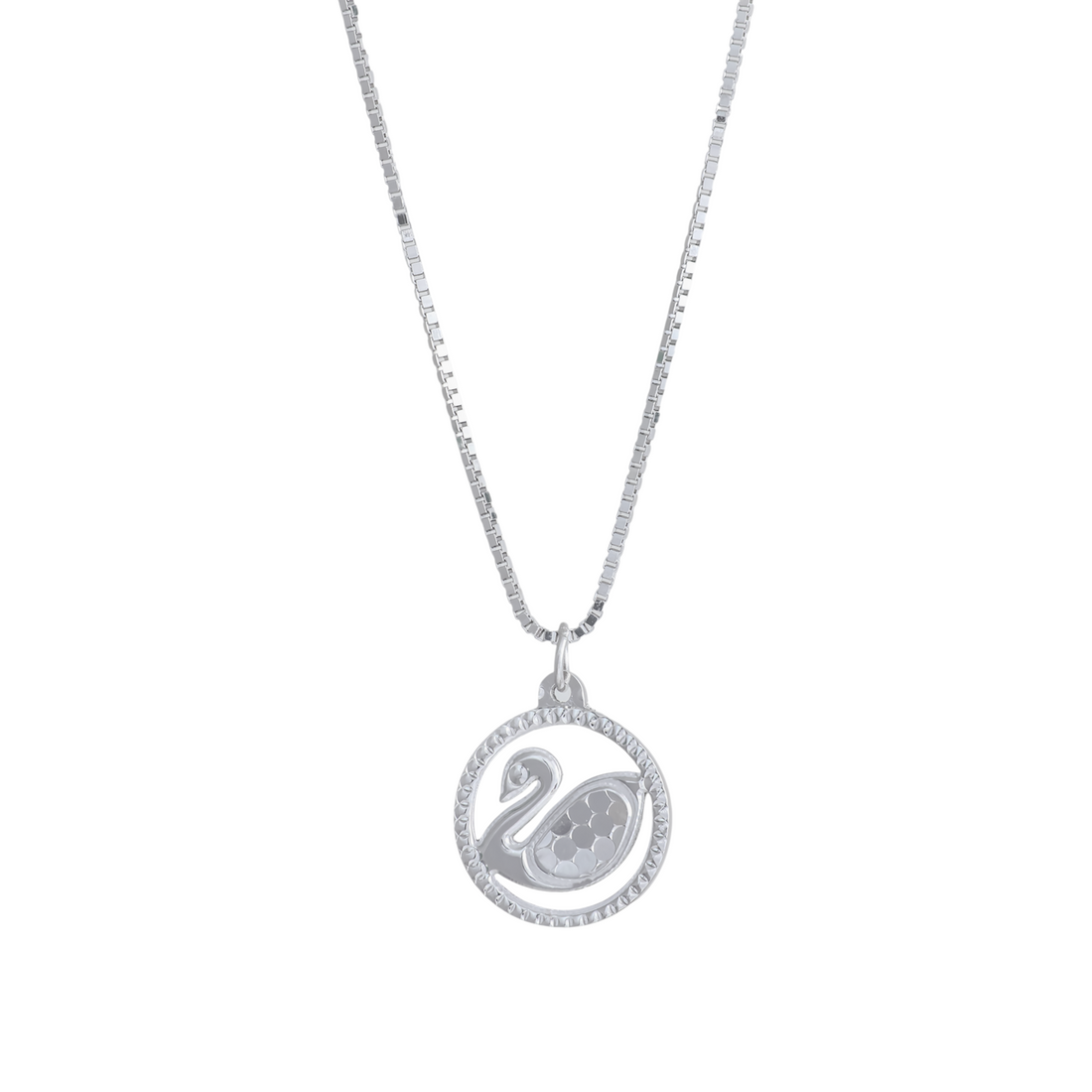 Silver box chain necklace with a round openwork pendant displaying a detailed swan inside a beaded circle frame.