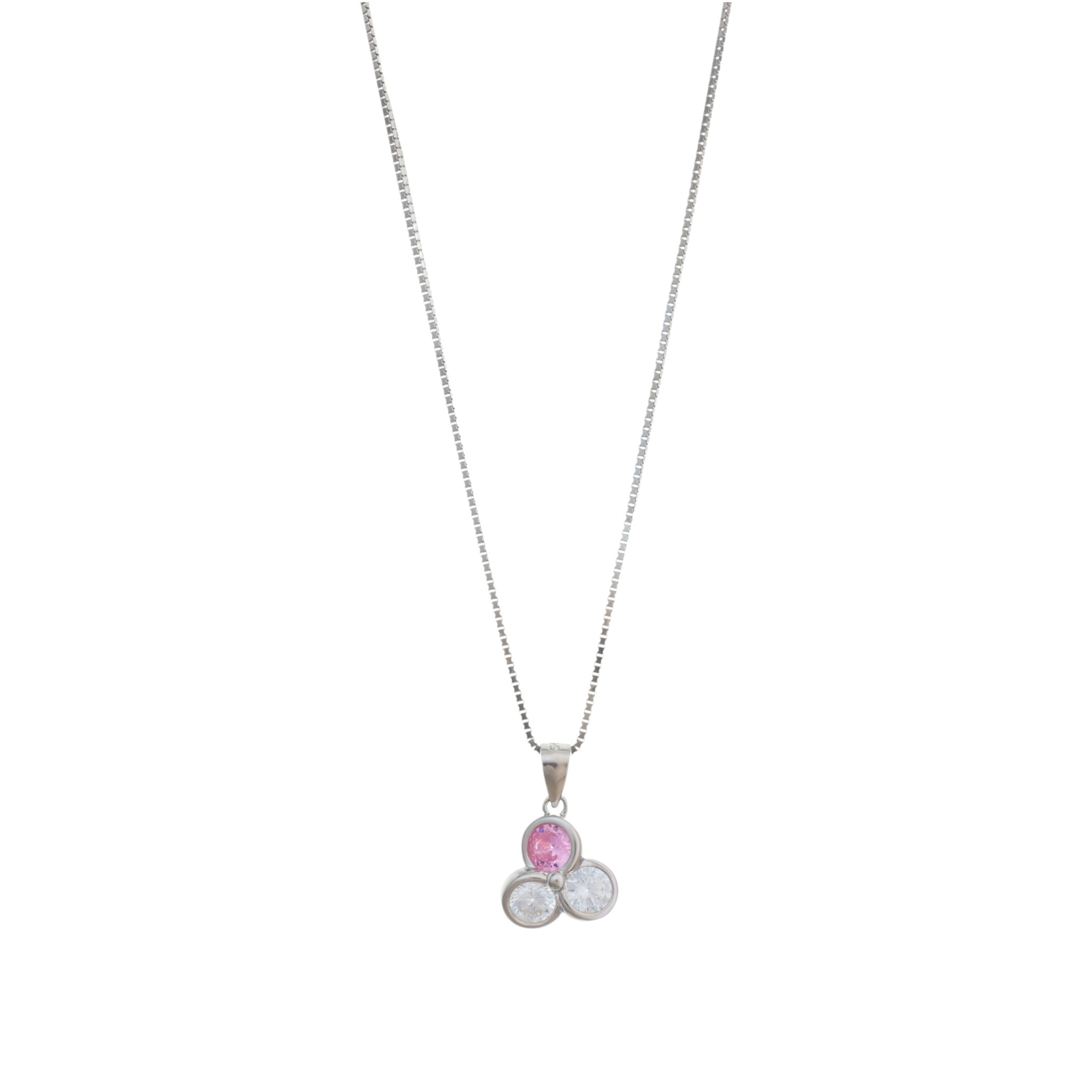 A silver box chain necklace with a pendant composed of three round-cut stones featuring one pink stone above two clear stones.
