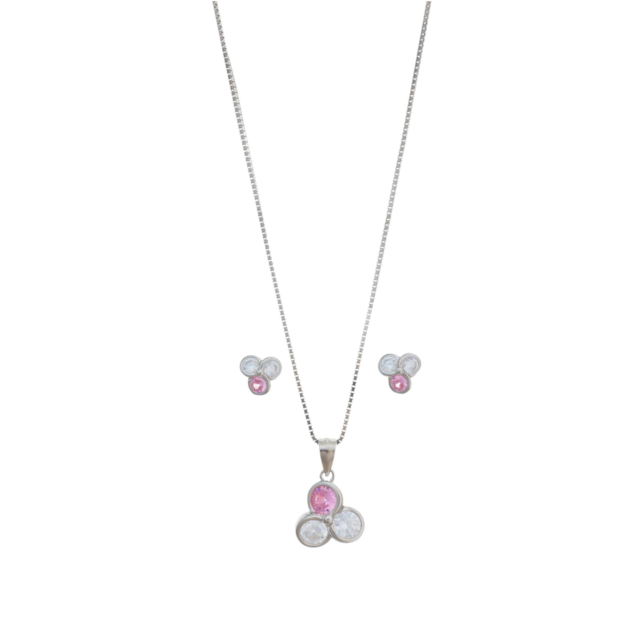 A silver box chain necklace with a pendant composed of three round-cut stones featuring one pink stone above two clear stones.