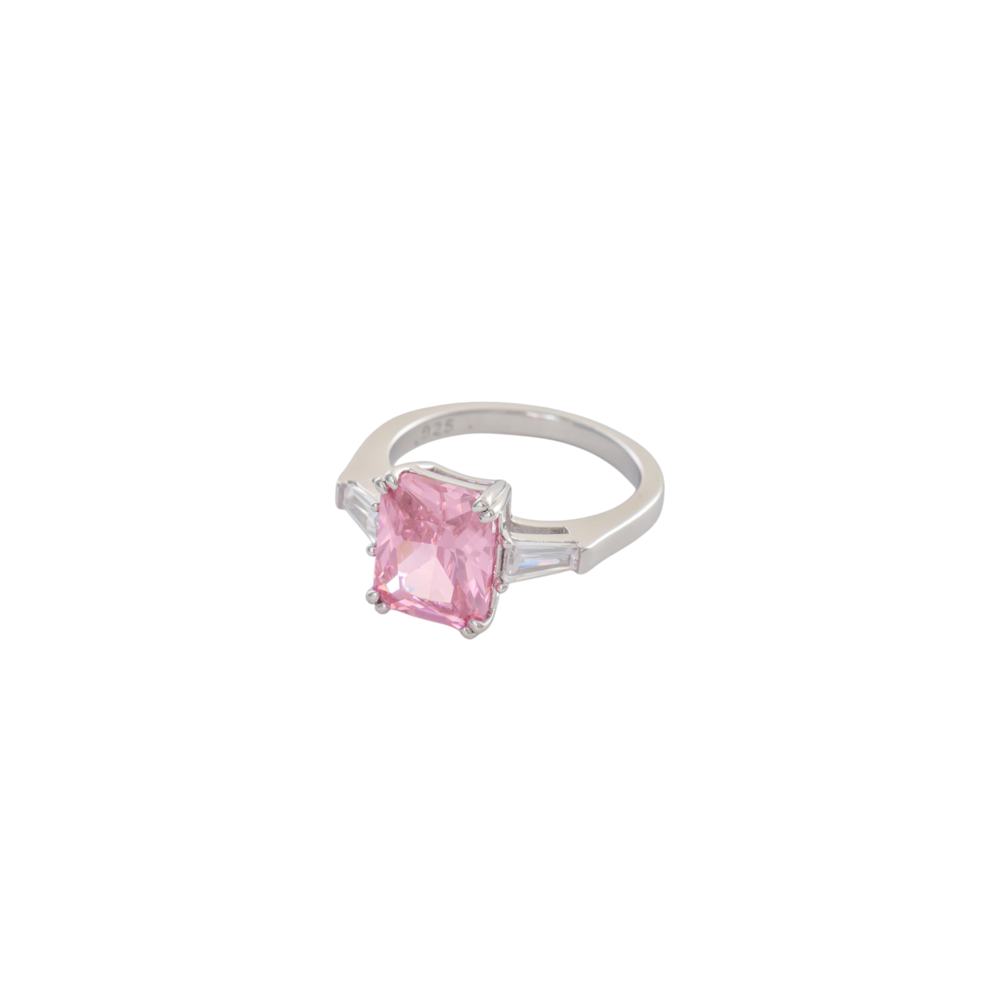Radiant cut pink gemstone ring with clear baguette side stones in polished silver.