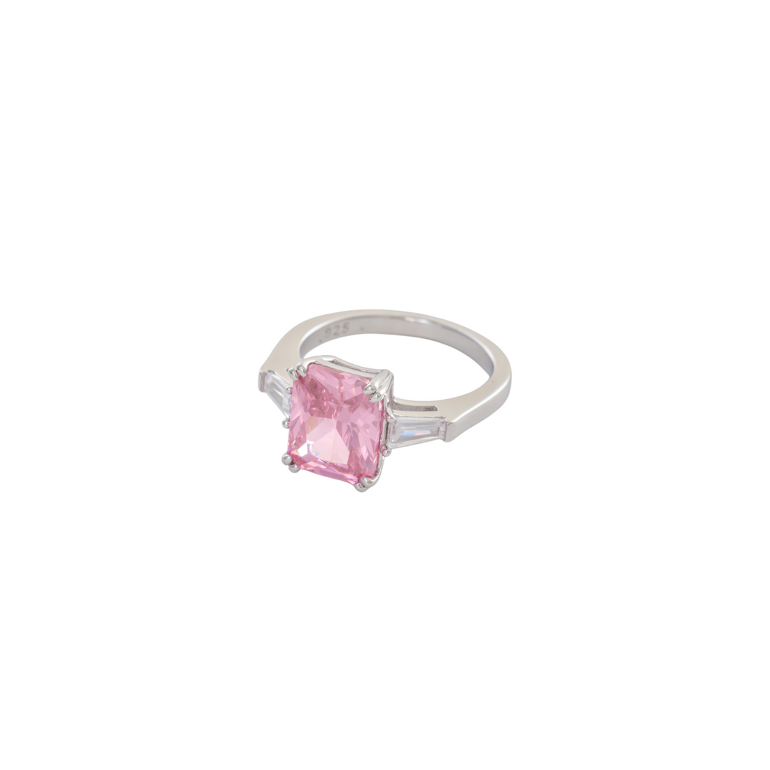 Radiant cut pink gemstone ring with clear baguette side stones in polished silver.