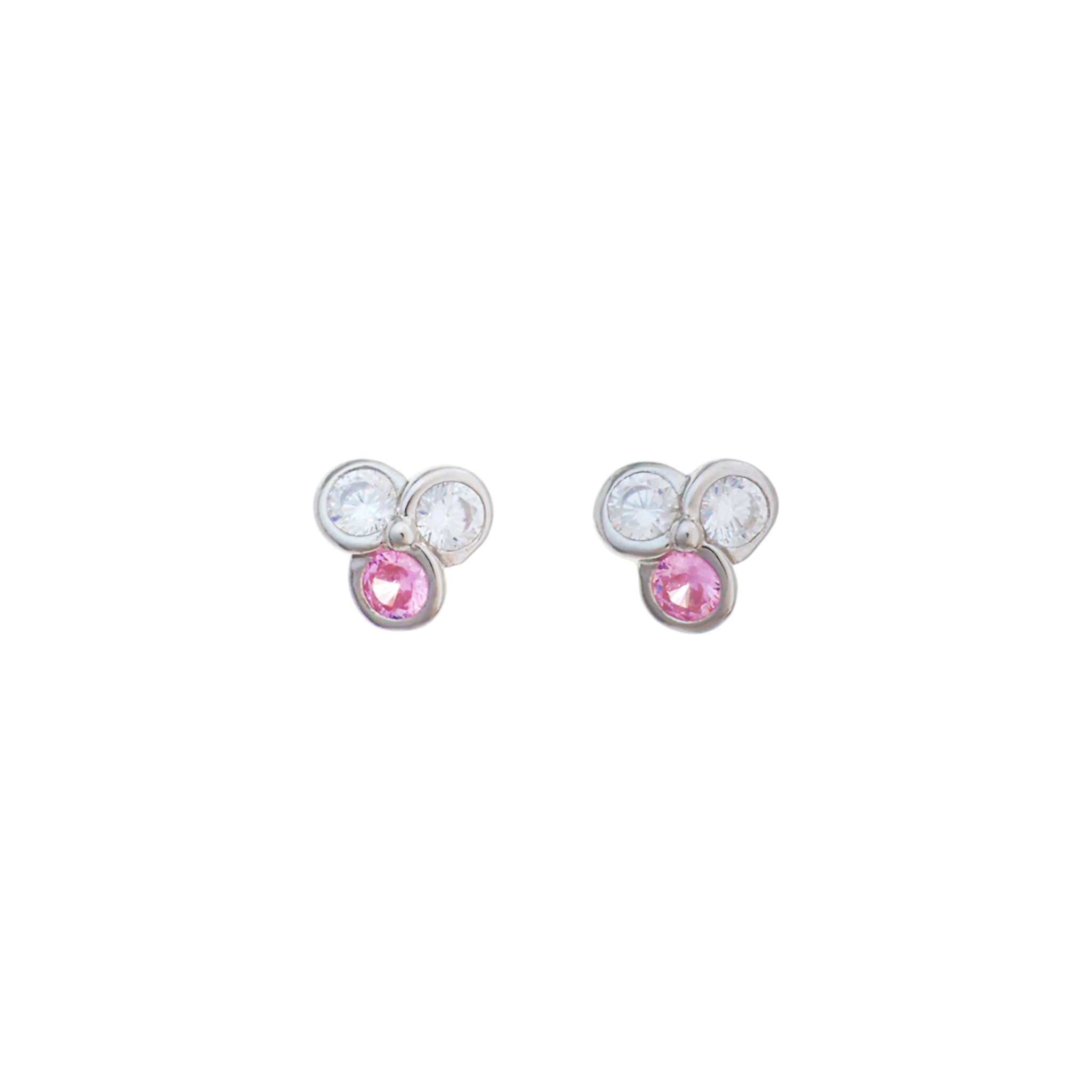 A silver box chain necklace with a pendant composed of three round-cut stones featuring one pink stone above two clear stones.