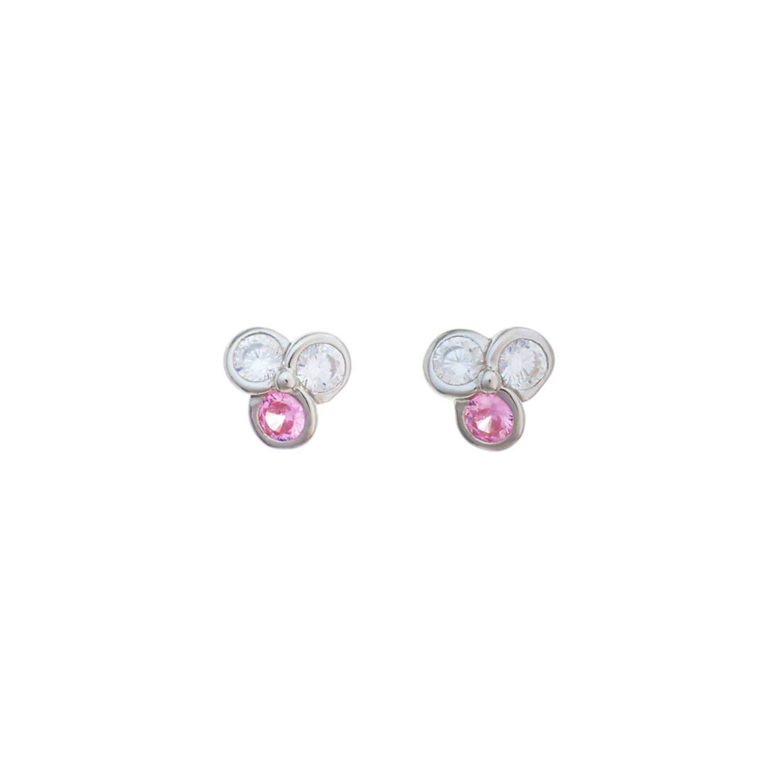 A silver box chain necklace with a pendant composed of three round-cut stones featuring one pink stone above two clear stones.