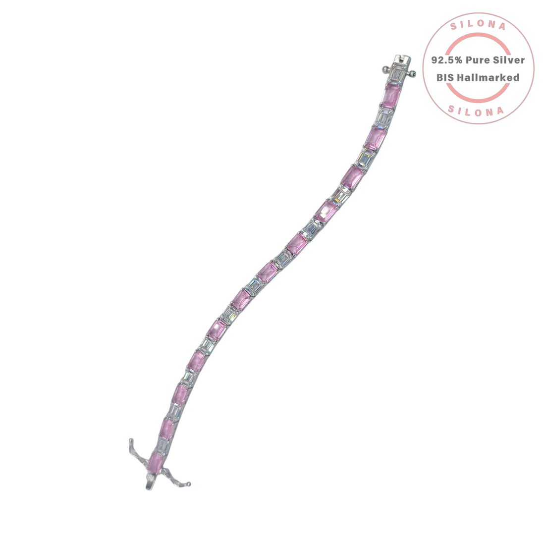 An elegant tennis bracelet with alternating pink and white emerald-cut cubic zirconia stones, crafted from 92.5 pure silver, on a white background with the Silona hallmark.