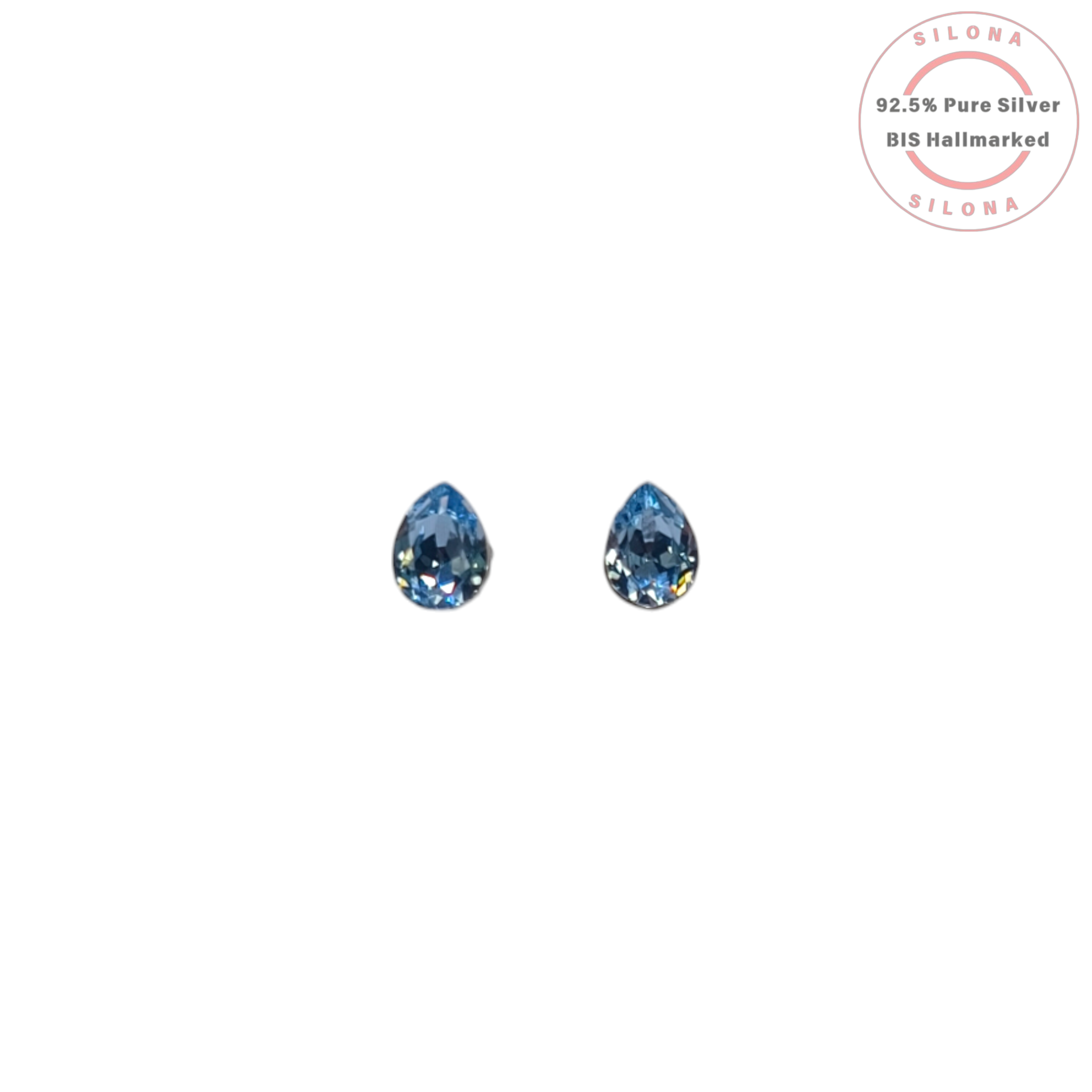 Pair of minimalist pear-cut stud earrings with vibrant blue topaz hue stones, crafted from 92.5 silver.