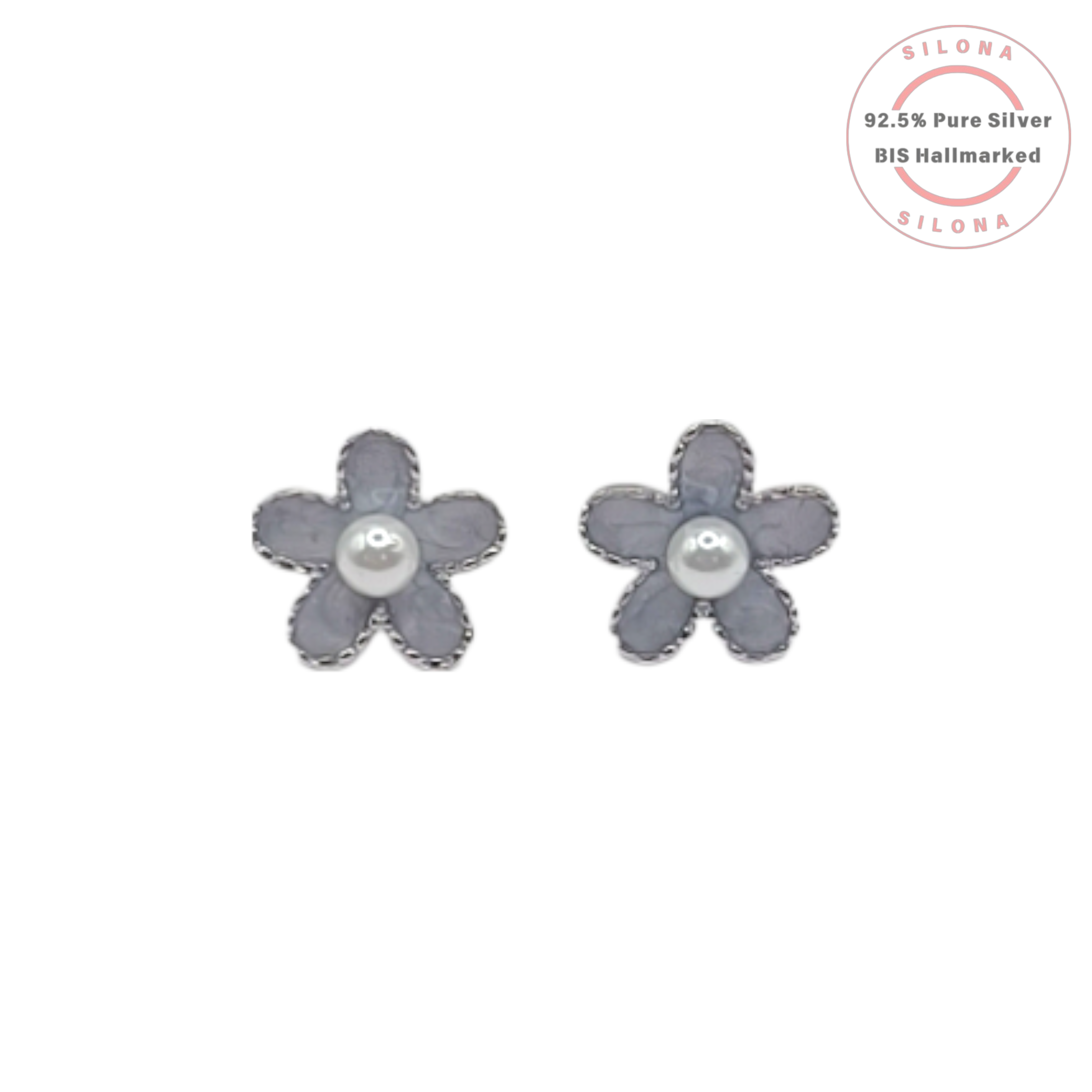 A pair of Silona's Grey Blossom Pearl Stud Earrings in 92.5 silver, featuring grey enamel petals and a central pearl, on a white background.