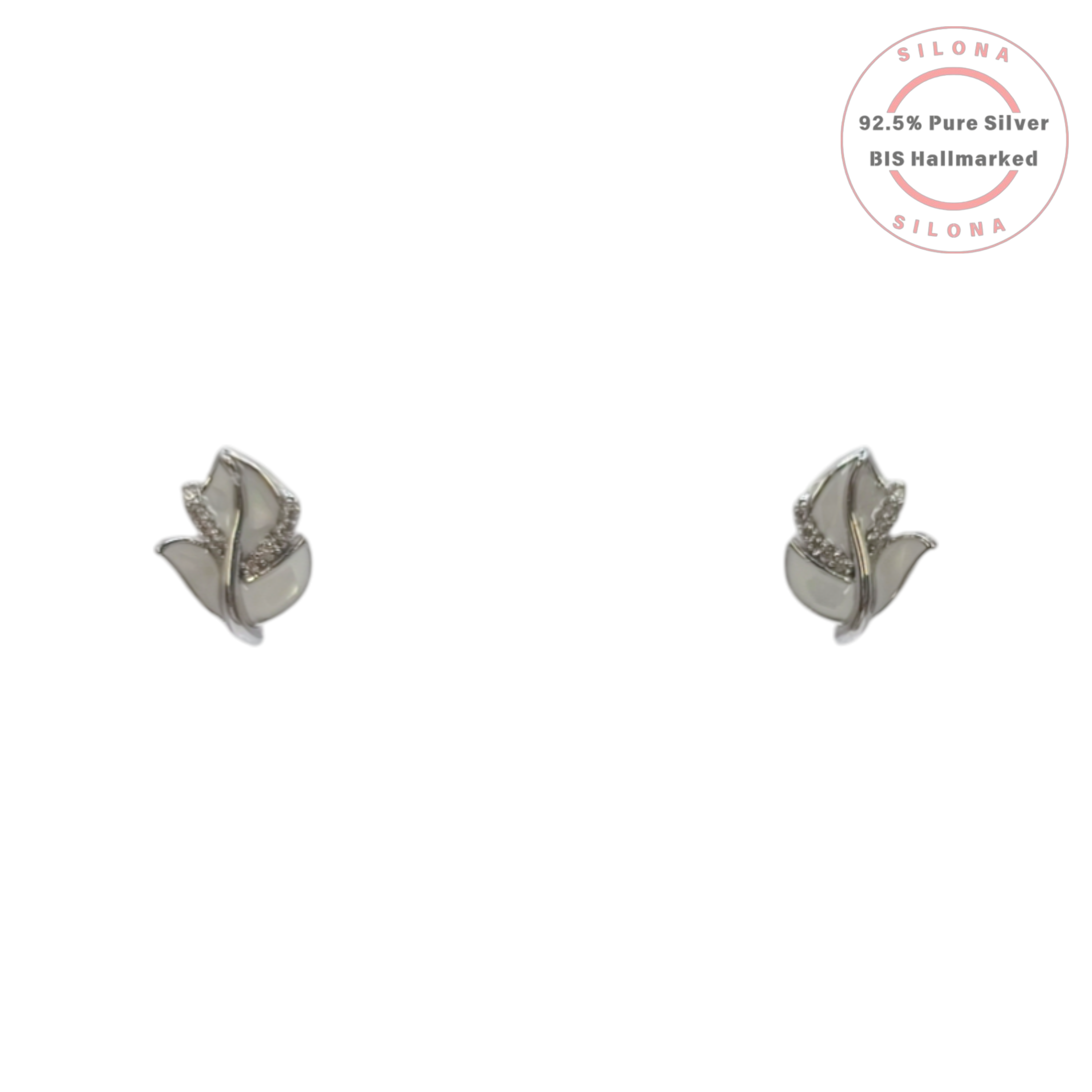 A pair of Silona's silver leaf stud earrings, featuring a Mother of Pearl inlay and a row of sparkling pavé-set Cubic Zirconia.