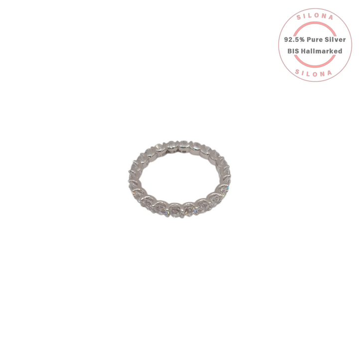 Silona's Classic Eternity Ring crafted in pure 92.5 silver, featuring a full band of clear, brilliant-cut cubic zirconia stones, shot on a white background.