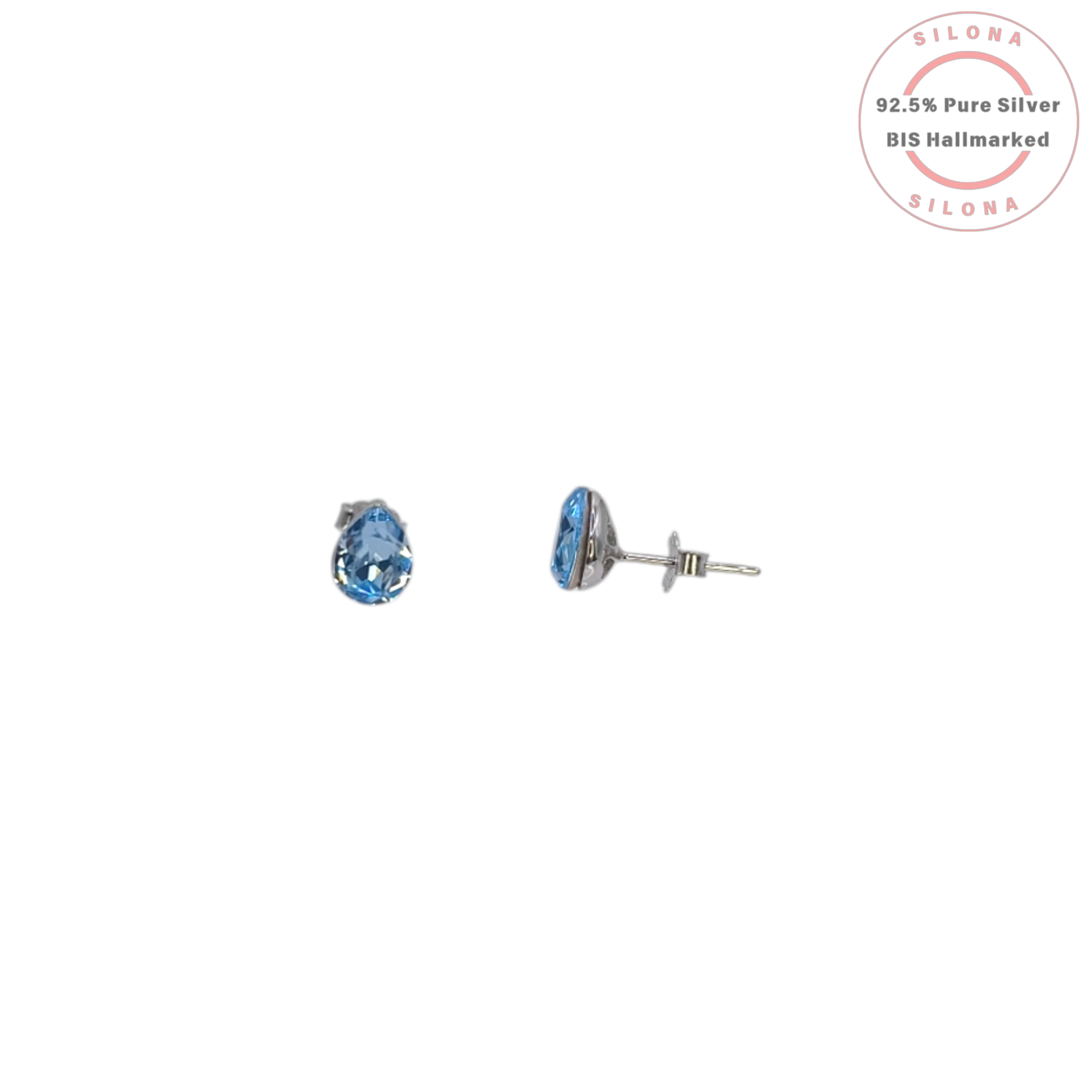 Pair of minimalist pear-cut stud earrings with vibrant blue topaz hue stones, crafted from 92.5 silver.