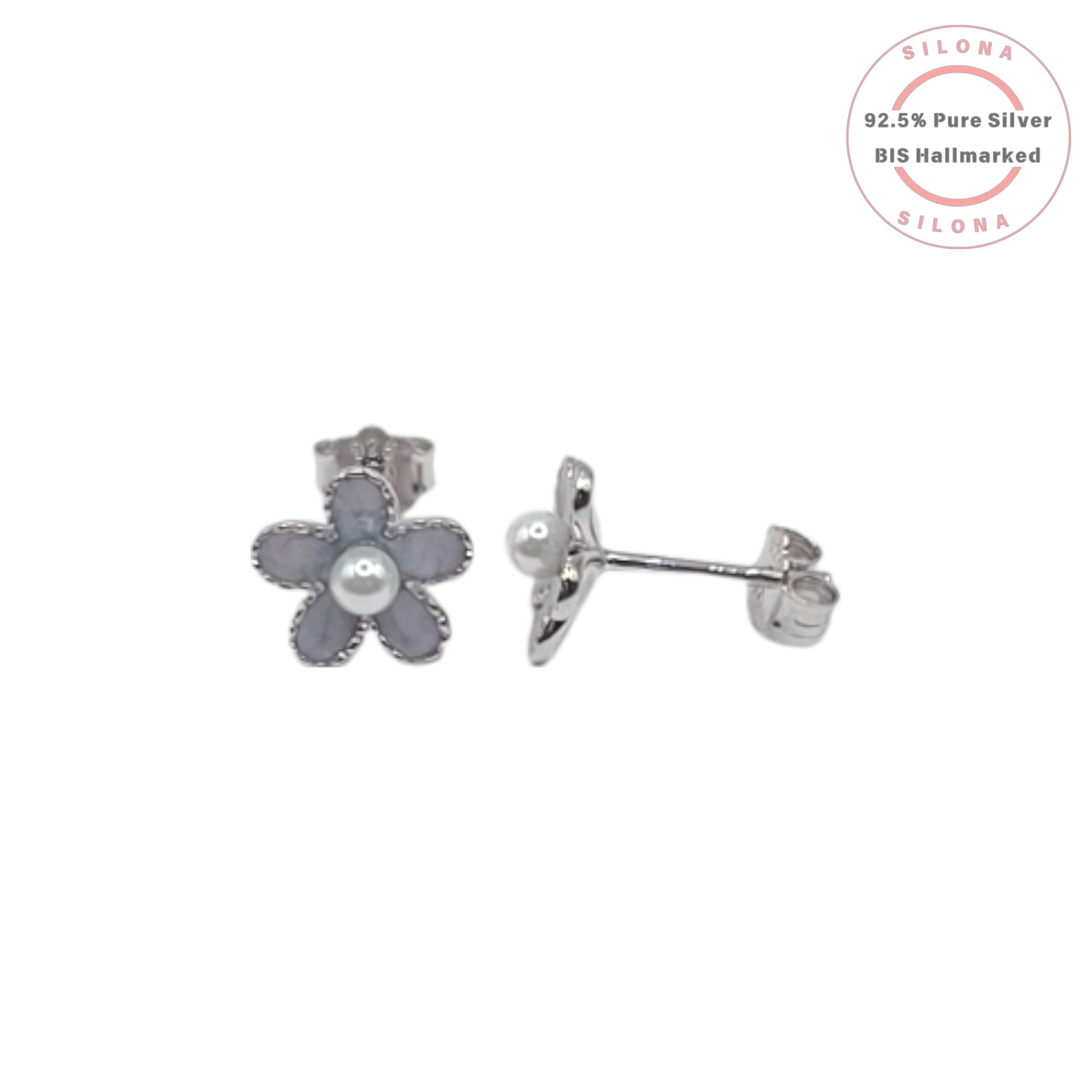 A pair of Silona's Grey Blossom Pearl Stud Earrings in 92.5 silver, featuring grey enamel petals and a central pearl, on a white background.