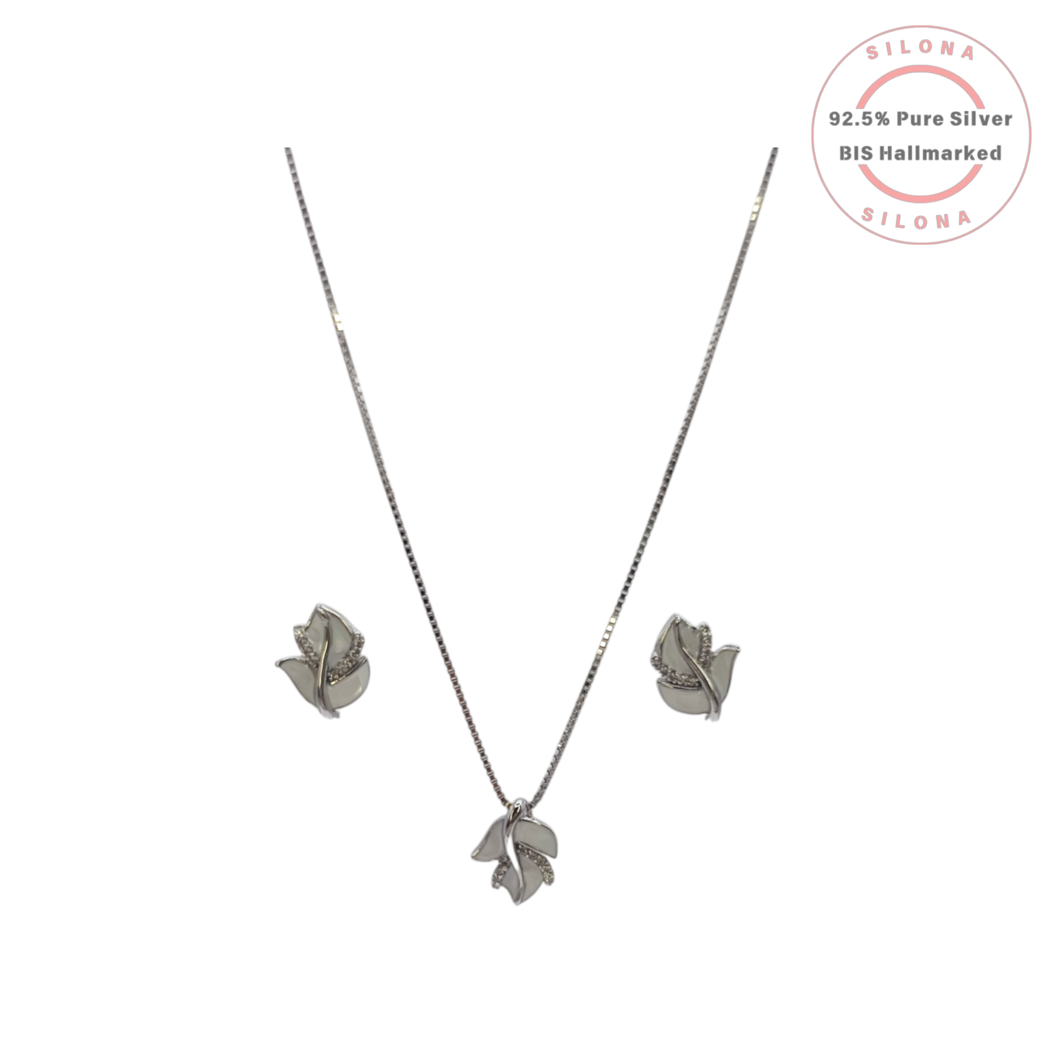 A pair of Silona's silver leaf stud earrings, featuring a Mother of Pearl inlay and a row of sparkling pavé-set Cubic Zirconia.